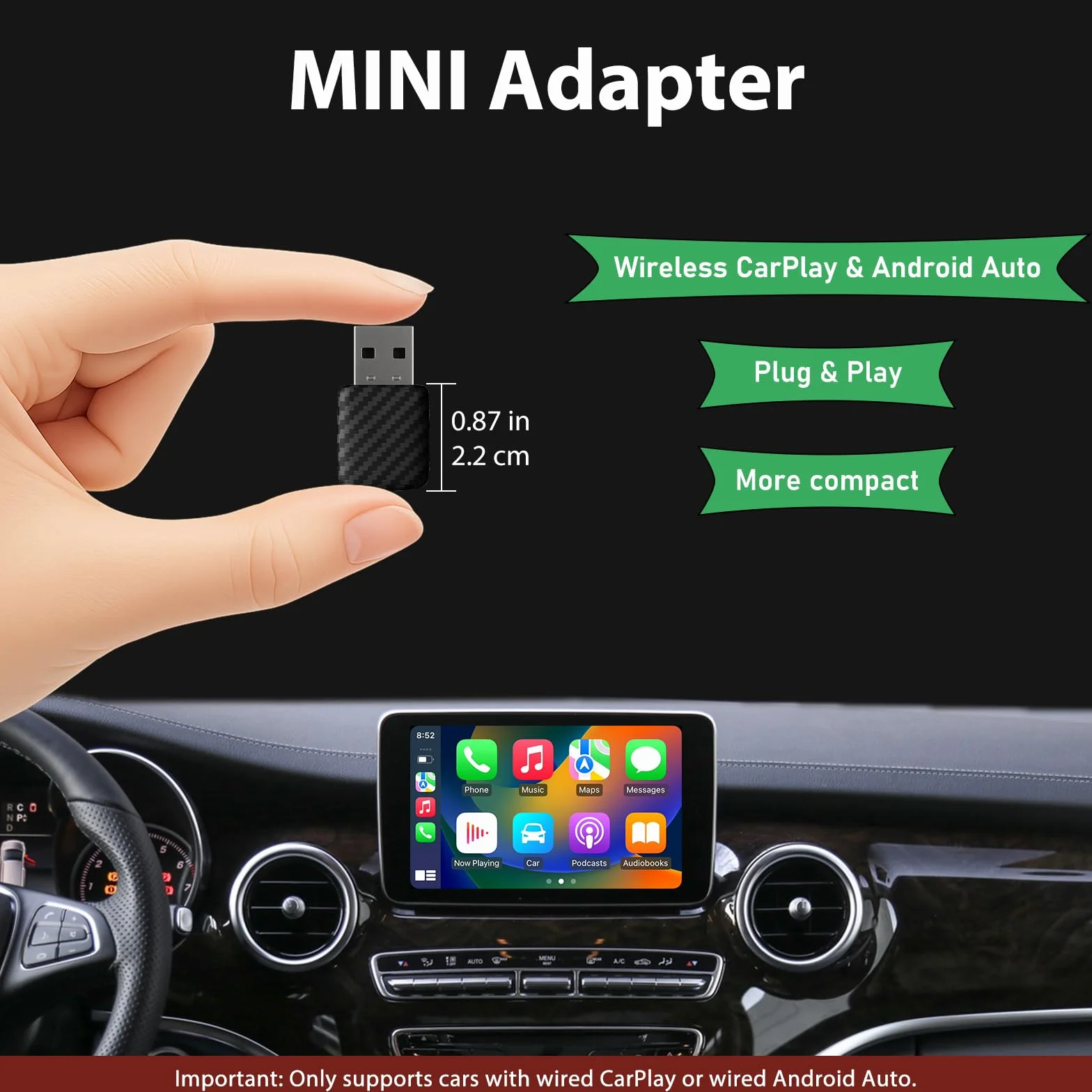 Mini adattatore wireless CarPlay, grigio argento – Adattatore wireless compatto per auto per Android Auto, connessione automatica rapida, aggiornamento CarPlay cablato a wireless 2026 (A28)