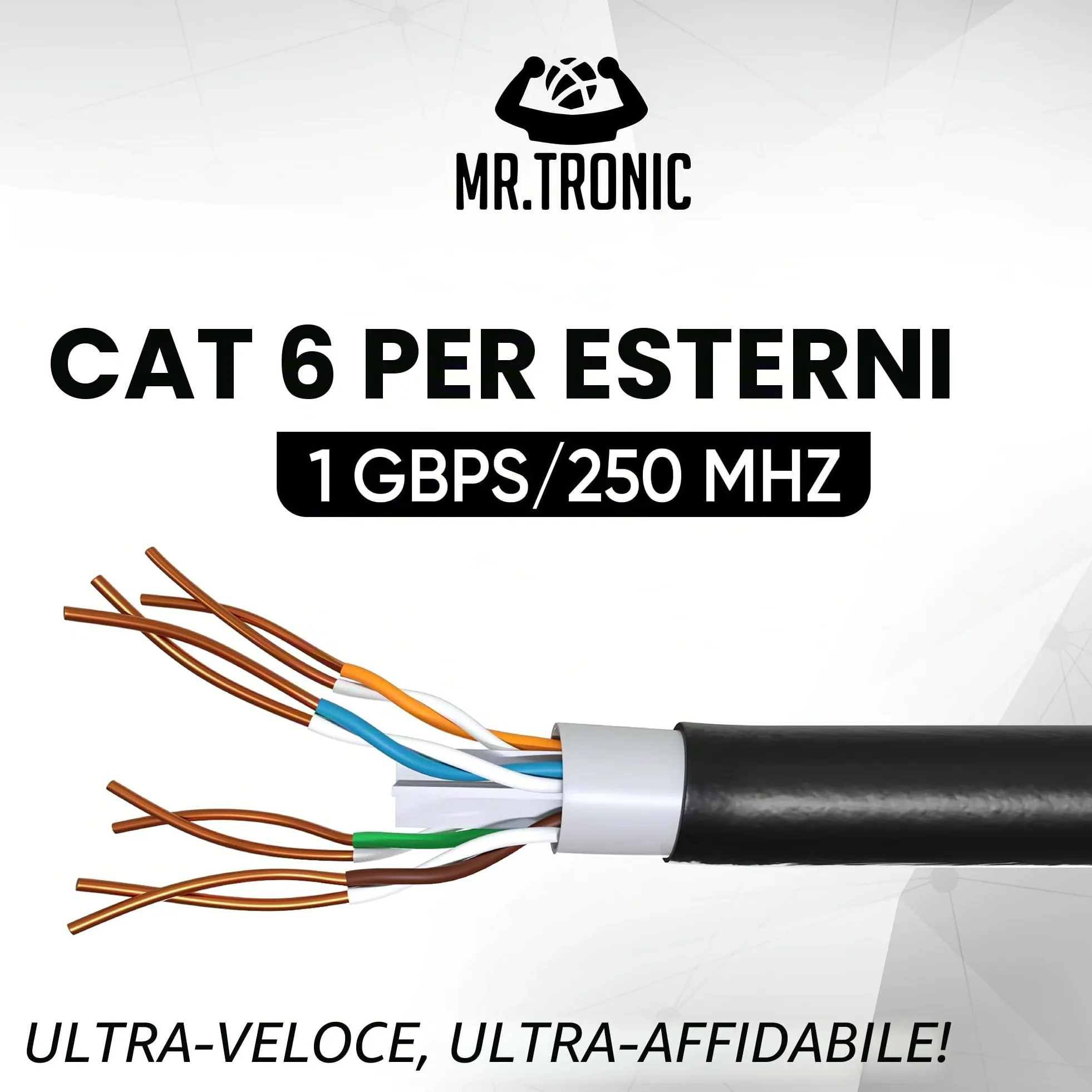 Mr. Tronic Cavo Impermeabile Esterno Ethernet Cat 6 da 50m, Cavo di Rete LAN Cat 6 ad Alta Velocità Per Internet Veloce 1 Gbps - AWG24 Sfuso Senza Connettori RJ45, UTP CCA (50 Metri, Nero)