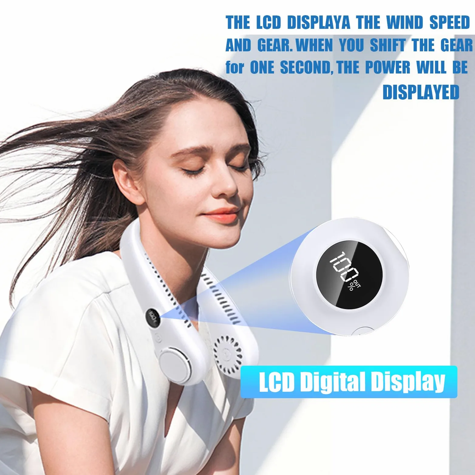 LAESO Ventilatore da collo portatile, ventilatore da collo pieghevole senza lama a mani libere, display LCD, ventilatore da collo a 3 velocità alimentato tramite USB, per esterni e interni