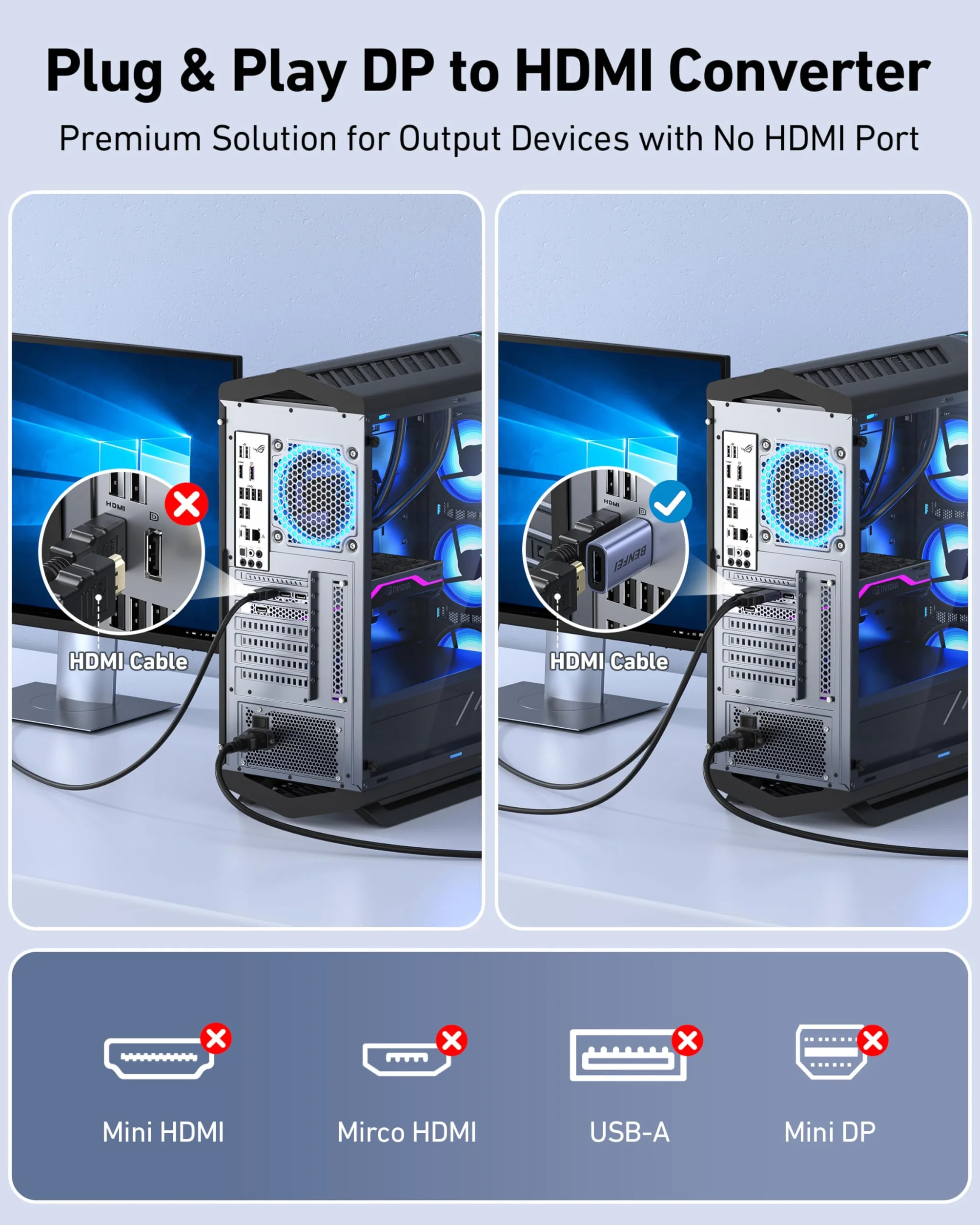 BENFEI Adattatore DisplayPort a HDMI 4K, confezione da 2, convertitore unidirezionale DP 1.2 a HDMI 1.4 maschio a femmina - Compatibile con laptop, desktop, monitor, HDTV, schede grafiche AMD/NVIDIA