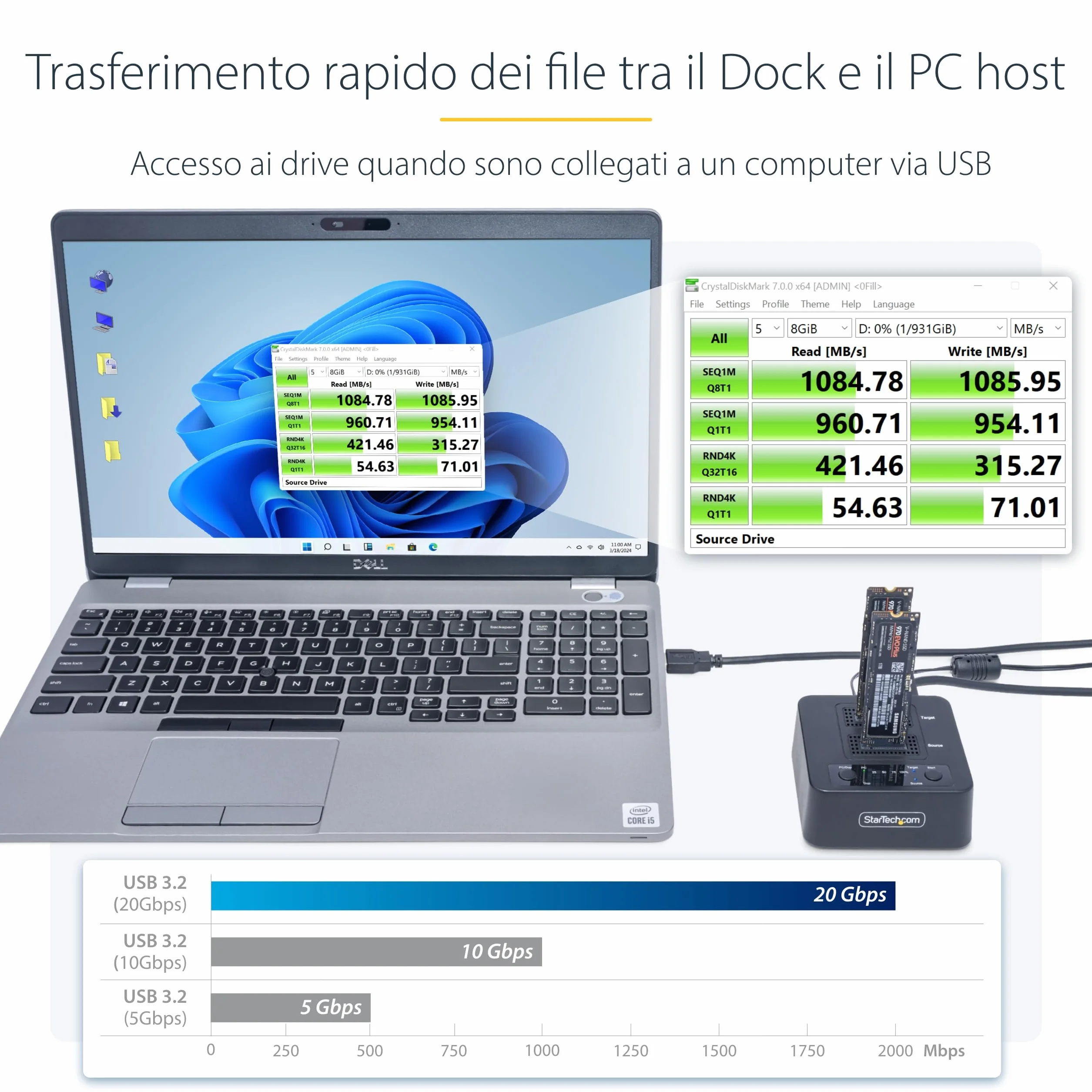 StarTech.com Duplicatore di unità M.2 NVMe 1:1 autonomo da 90 GBpm, docking station per 2 drive M.2, USB-C 3.2 20 Gbps