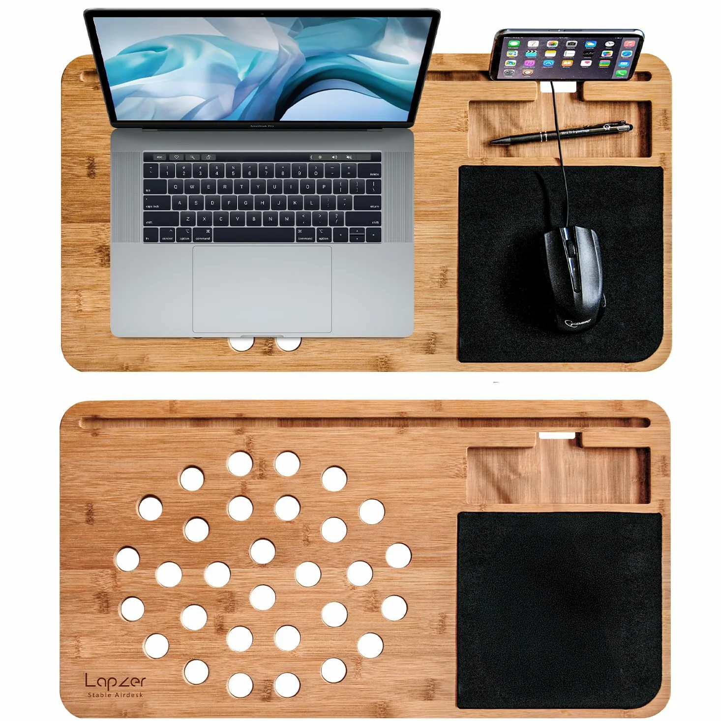 MikaMax - Lapzer Laptop Desk - Supporto da Tavolo per Laptop - Bambú - 59 x 31 x 2 cm - Con Fori di Ventilazione