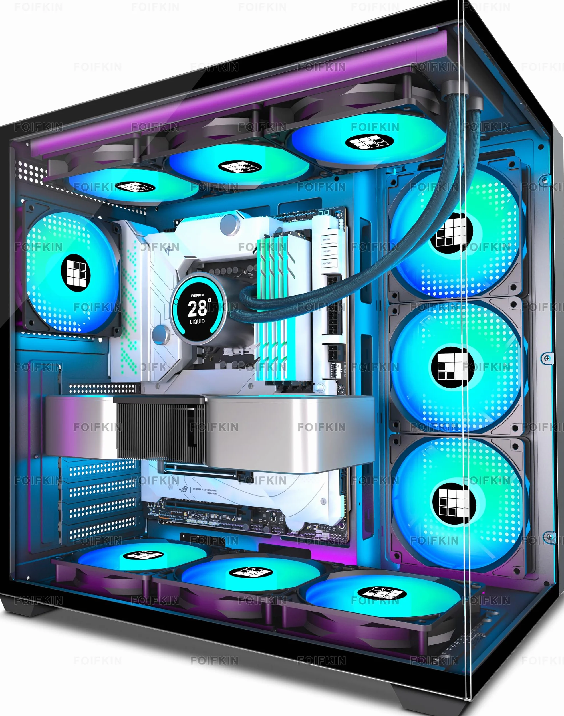 FOIFKIN F300 Case PC ATX con 7 ventole PWM ARGB,Case per PC Mid-Tower ad alto flusso d'aria,Case PC Gaming,Case ATX nero,Case computer Big Tower,Supporta Radiatore 360 mm,Type-C (RGB-Nero, F300)