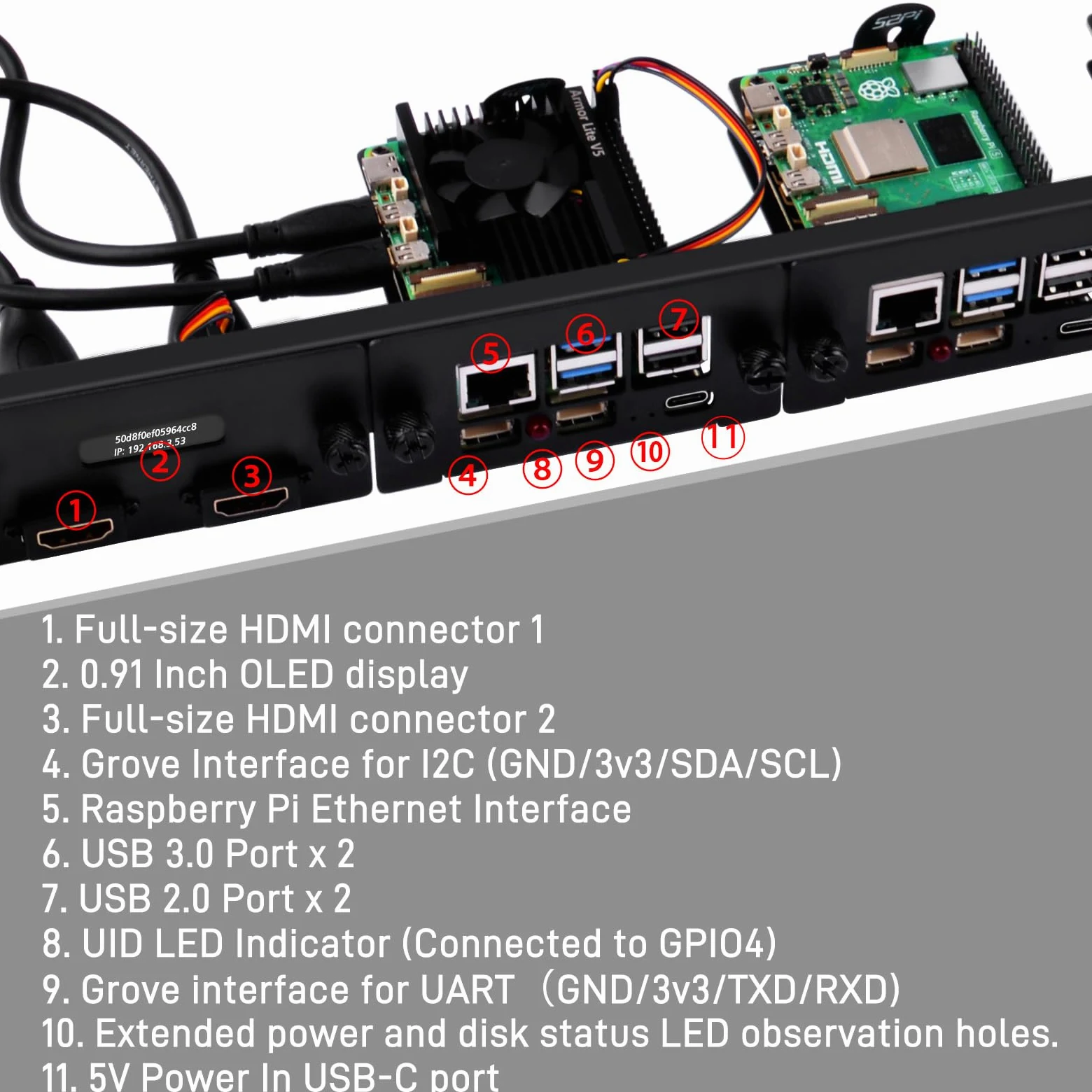 GeeekPi Supporto rack 1U da 19" per Raspberry Pi 5, con 4 adattatori SSD PCIe a M.2 NVMe, display OLED, può contenere fino a 4 schede Raspberry Pi 5, compatibile con server rack da 19"