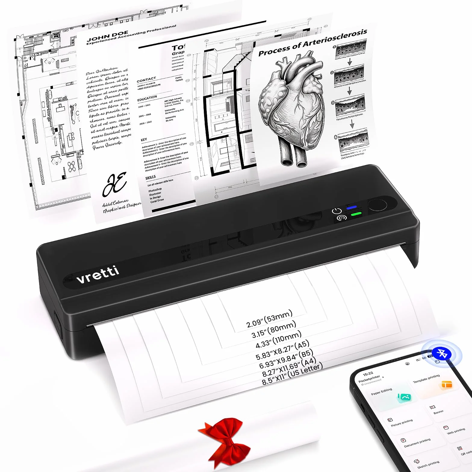 vretti Stampante termica portatile A4 PB821 Inkless per Smartphone e PC