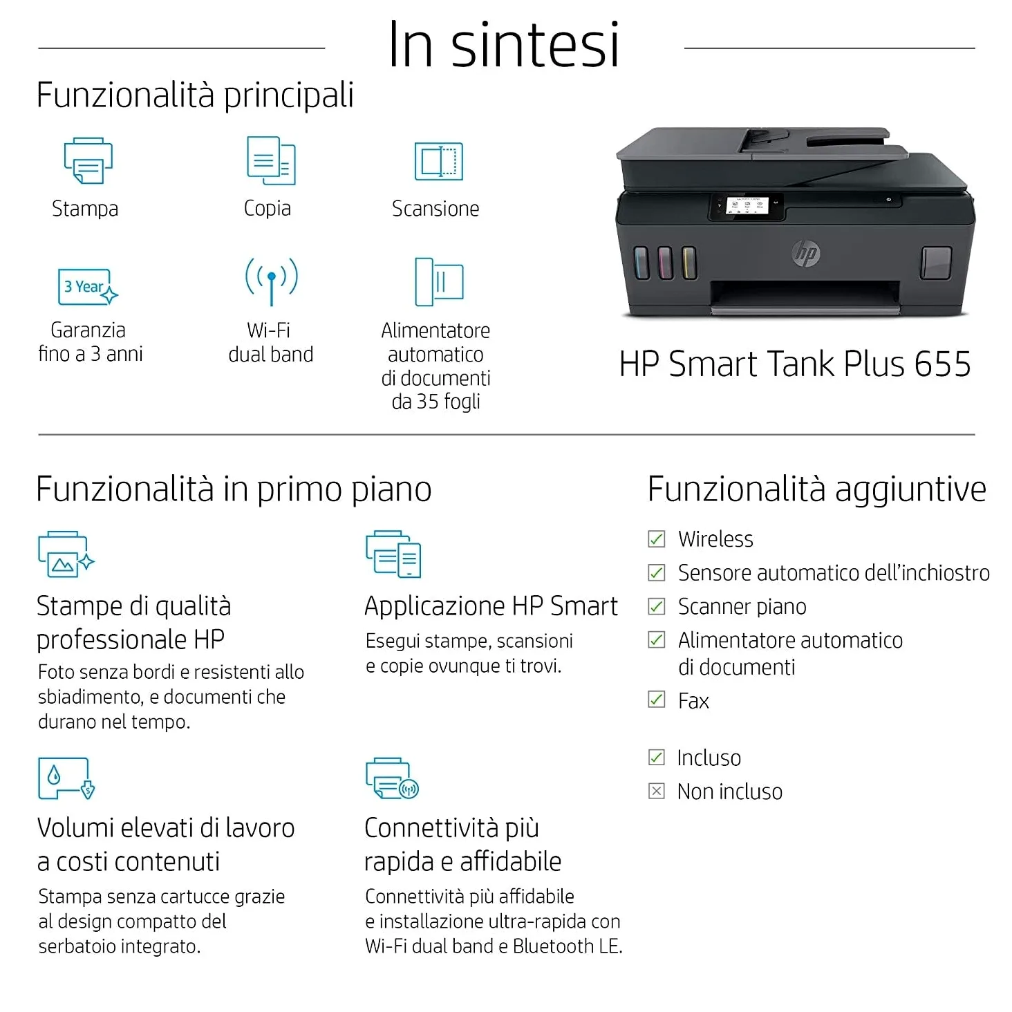 HP Smart Tank Plus 655 AiO Y0F74A, Stampante Multifunzione a Colori, Serbatoio d'Inchiostro ad Alto Volume di Stampa, Fino a 12000 Pagine (Nero) e 8000 Pagine (Colore), Scansione, ADF, Wireless, Nera