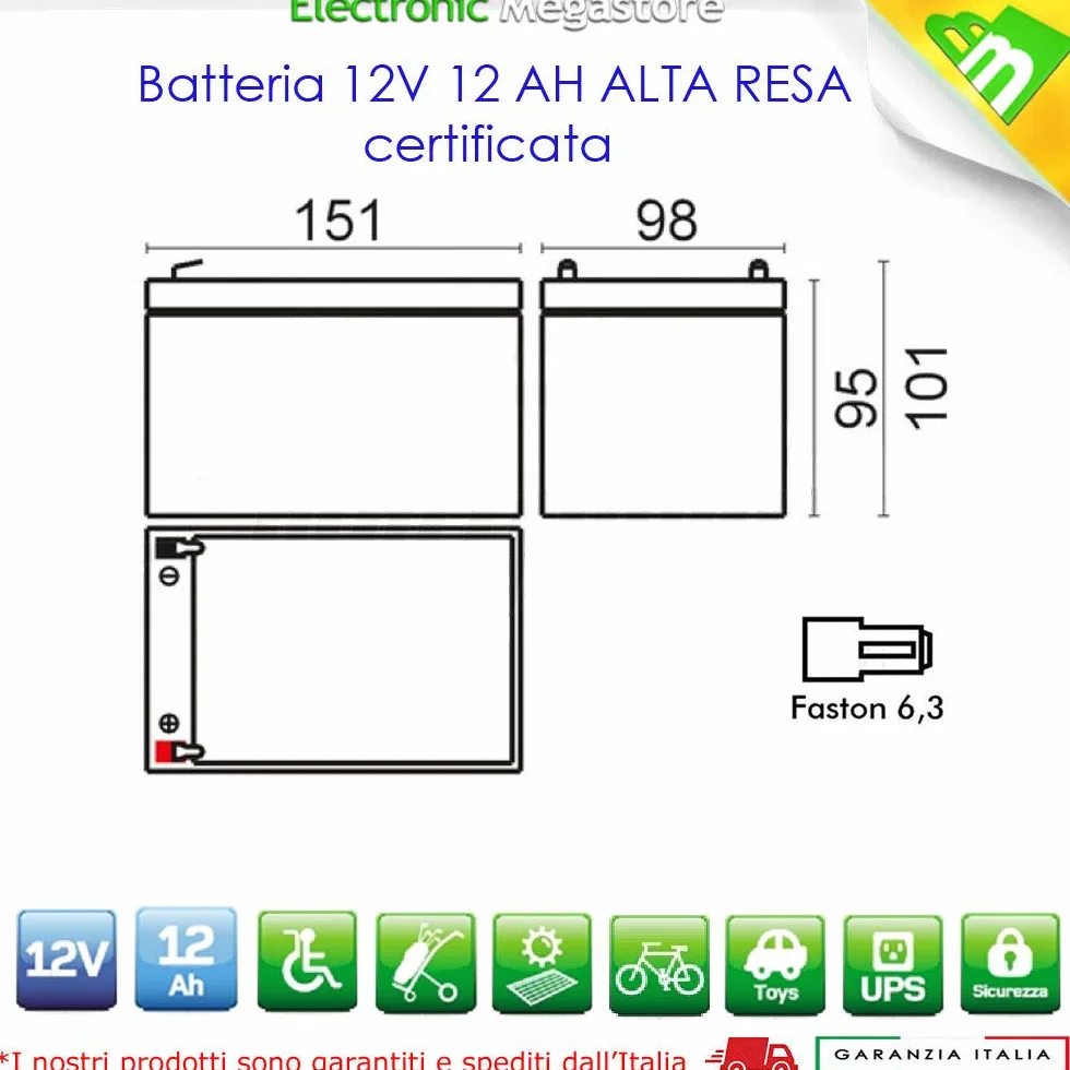 ANFEL Batteria Ricaricabile al Piombo VRLA 12V 12AH Faston F2 6.35mm per Allarmi Antifurti UPS
