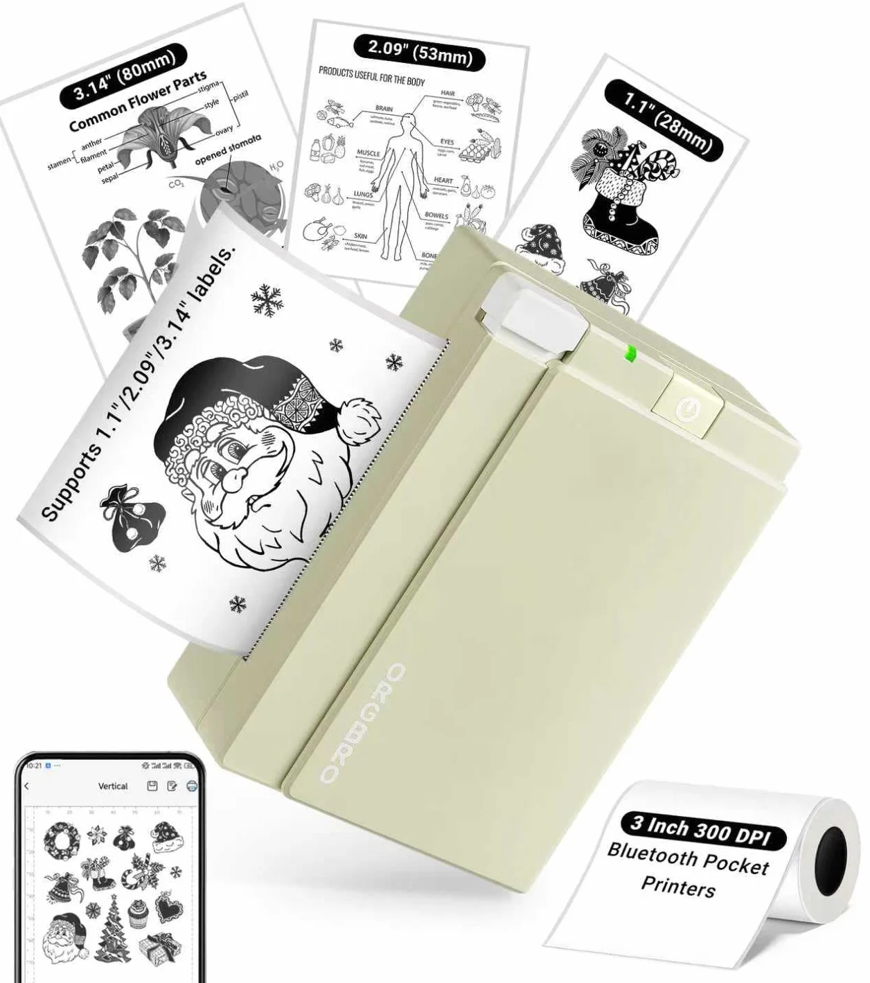 Stampante Termica Bluetooth ORGBRO X3 300DPI, Mini Stampante Portatile Senza Fili per Casa Ufficio Viaggi (Verde Oliva)