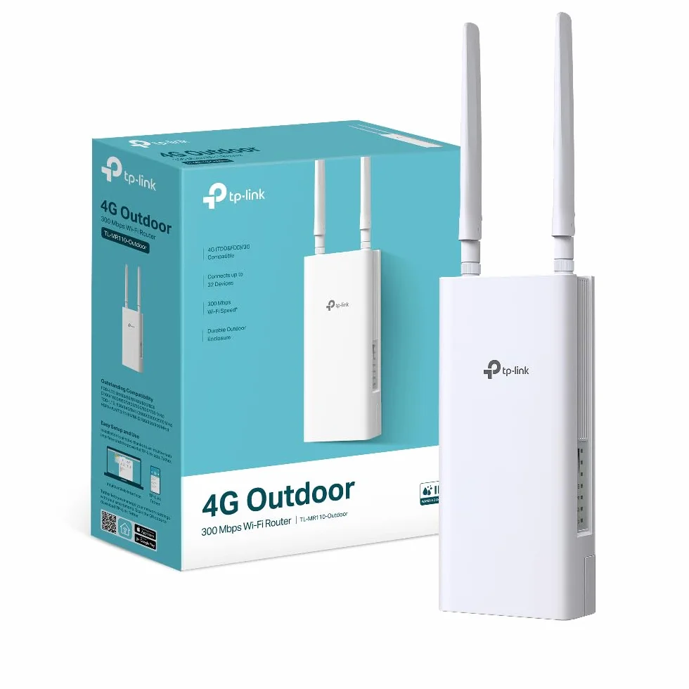 TP-Link TL-MR110-Outdoor Router WiFi con SIM da Esterno, 4G Cat4 300Mbps, IP65, 1 x Porta WAN/LAN(PoE In), Antenne LTE Smontabili, Alimentazione PoE/DC, Montaggio su Palo, Parete e Finestra