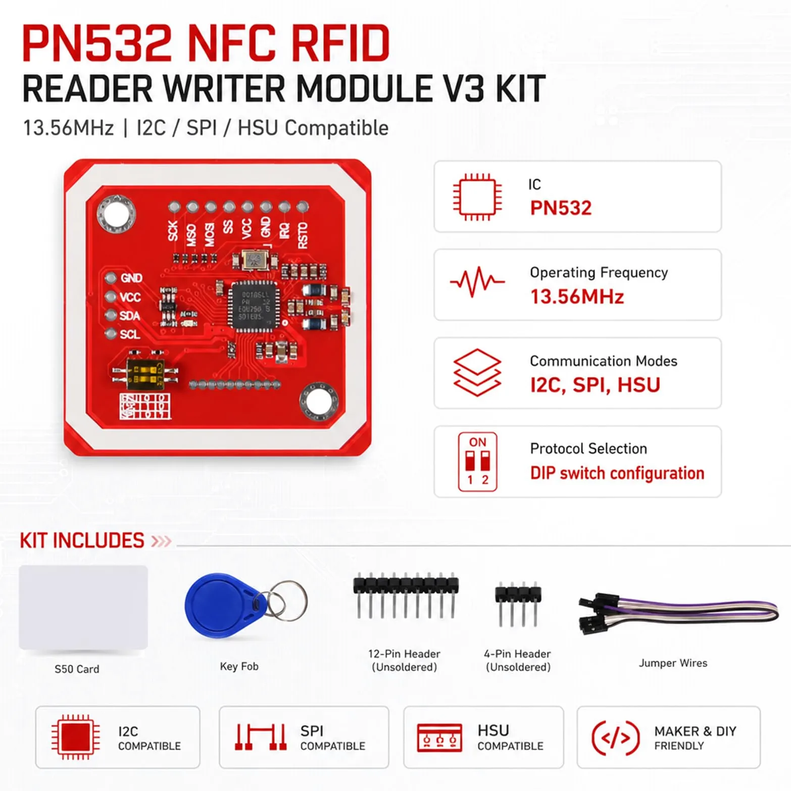 10 confezioni PN532 NFC NXP RFID Modulo V3 Kit, Near Field Communication Reader Module Kit con I2C SPI HSU, S50 White Card, Key Card, adatto per Arduino, Raspberry Pi, fai da te, smartphone e telefoni