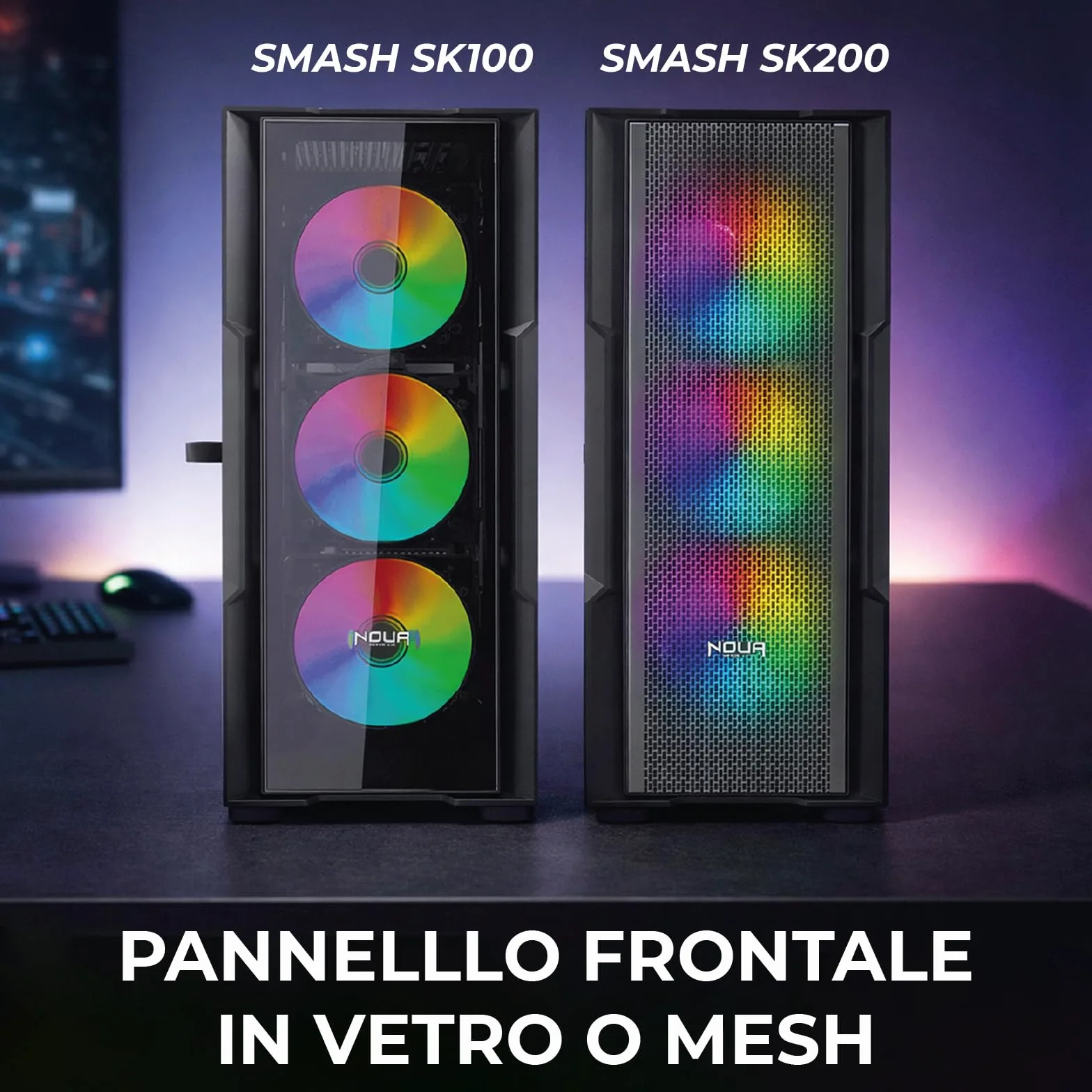 Noua Smash SK100 Case Gaming PC Mid-Tower ATX/E-ATX | Doppio Vetro Temperato | 4 Ventole ARGB PWM Preinstallate | AIO 360mm | GPU fino a 400mm | Airflow Ottimizzato