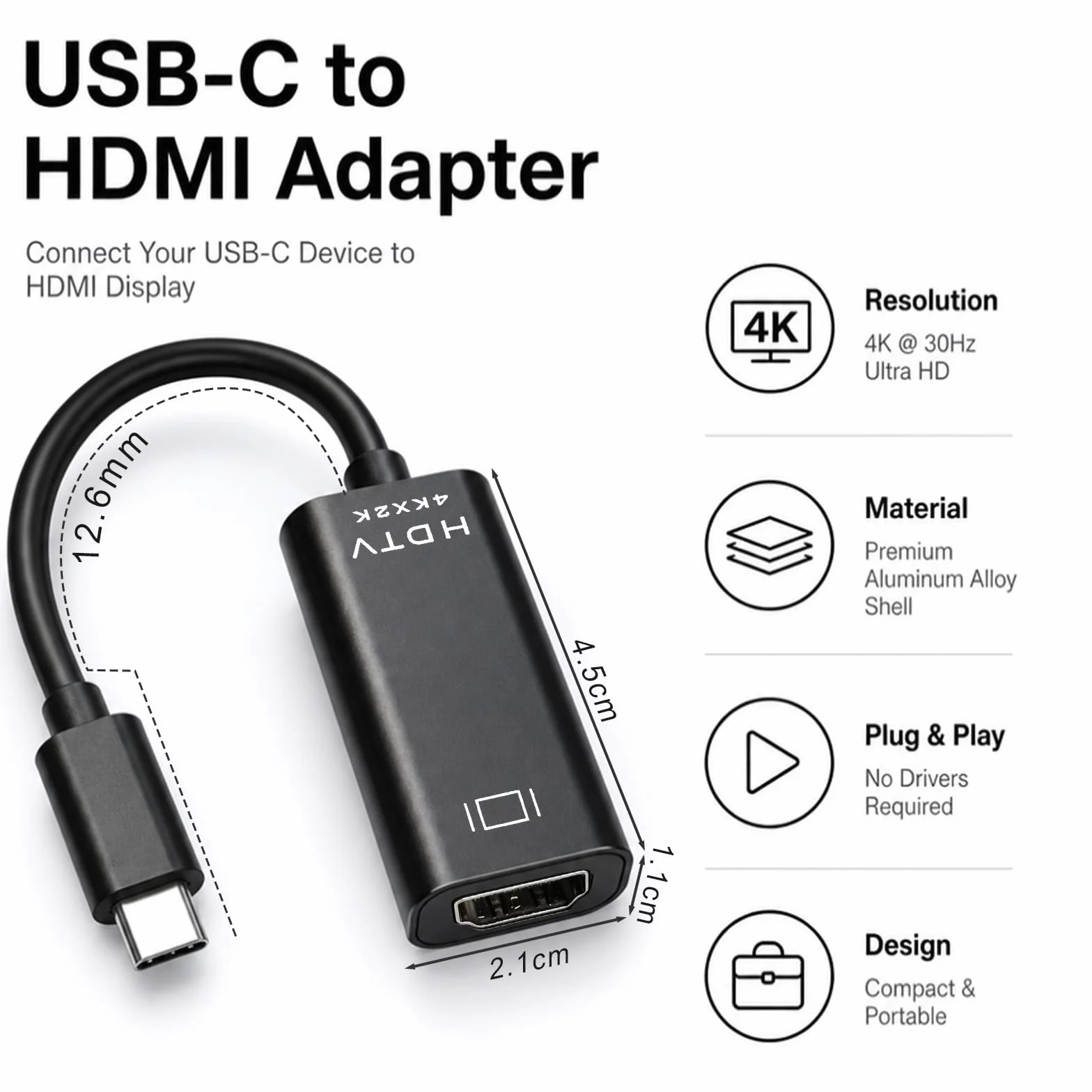 Adattatore USB C HDMI, 4K@30Hz Type c to HDMI, Compatibile con Desktop, Smartphone, Laptop, Tablet, iPhone 16Pro/16Pro Max/16/15, Samsung Galaxy S/Note, Dell XPS Windows, iOS, Android