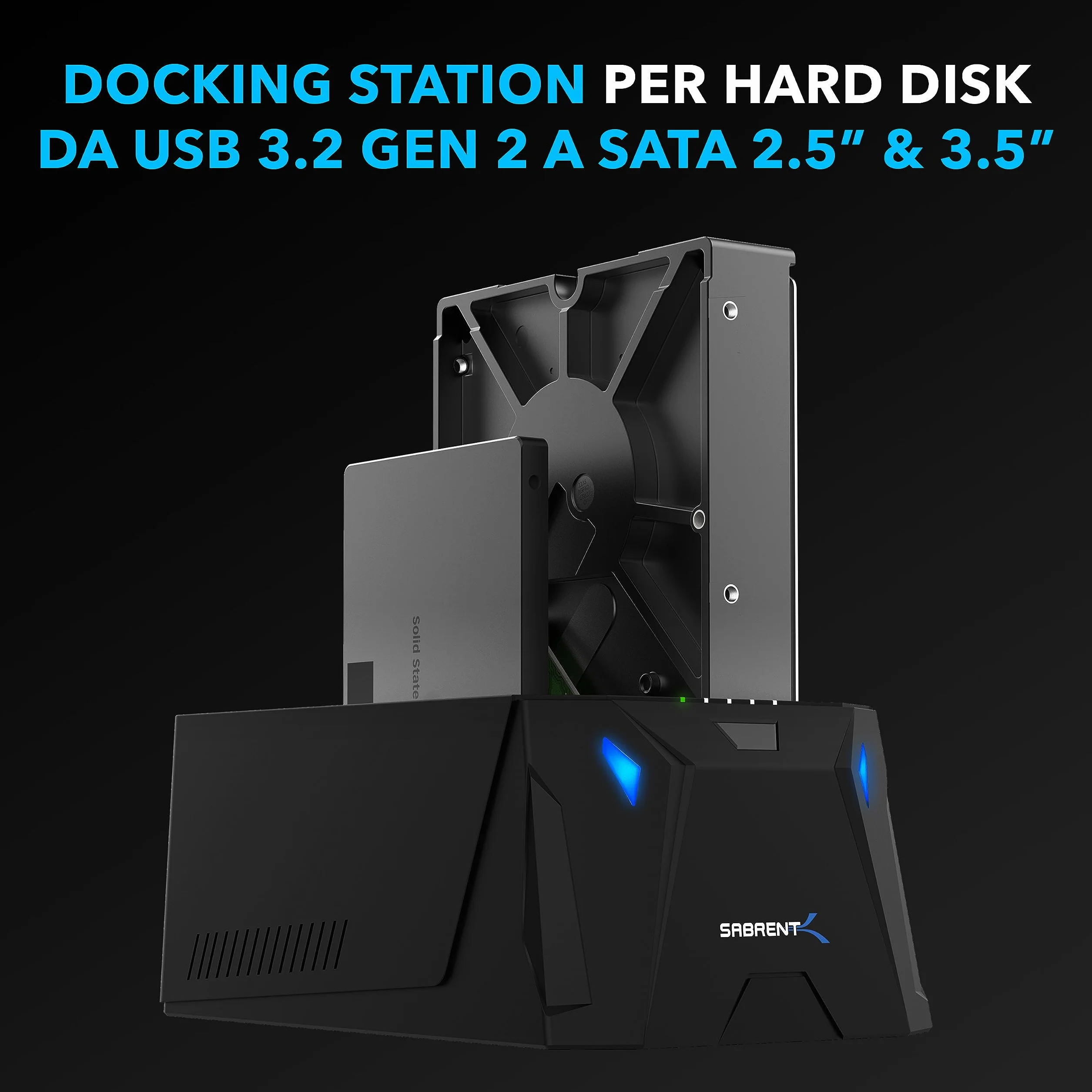 SABRENT Docking Station SSD/Hard Disk esterno/HDD 2.5/3.5 pollici, USB 3.0 Gen 1, 2 slot per SSD/HDD, con alimentatore, per SSD SATA fino a 22TB, con funzione clonatore di Hard Disk (EC-HD2B-EU)