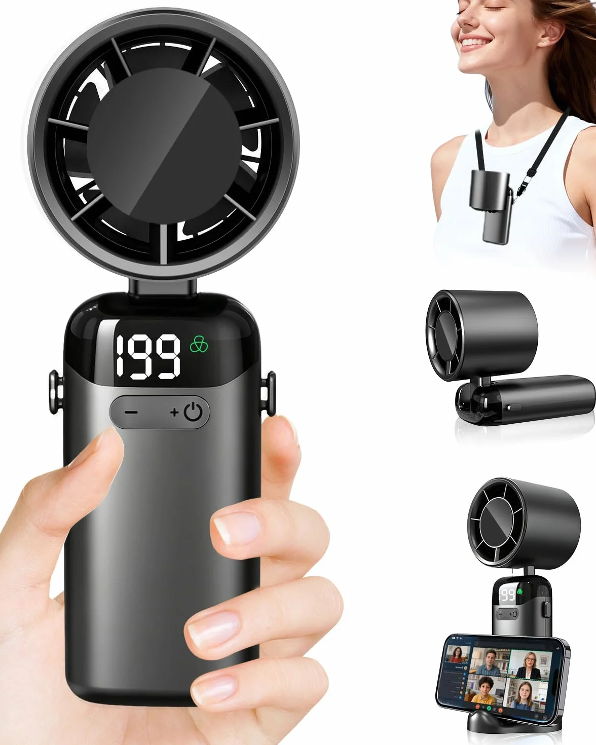 Ventilatore Portatile Turbo USB Ricaricabile, Pieghevole con Supporto Phone e Display LED. Batteria 3500mAh, Autonomia 10 Ore, Ventilazione Continua 1-199, Fresco Personalizzato per Viaggio e Ufficio