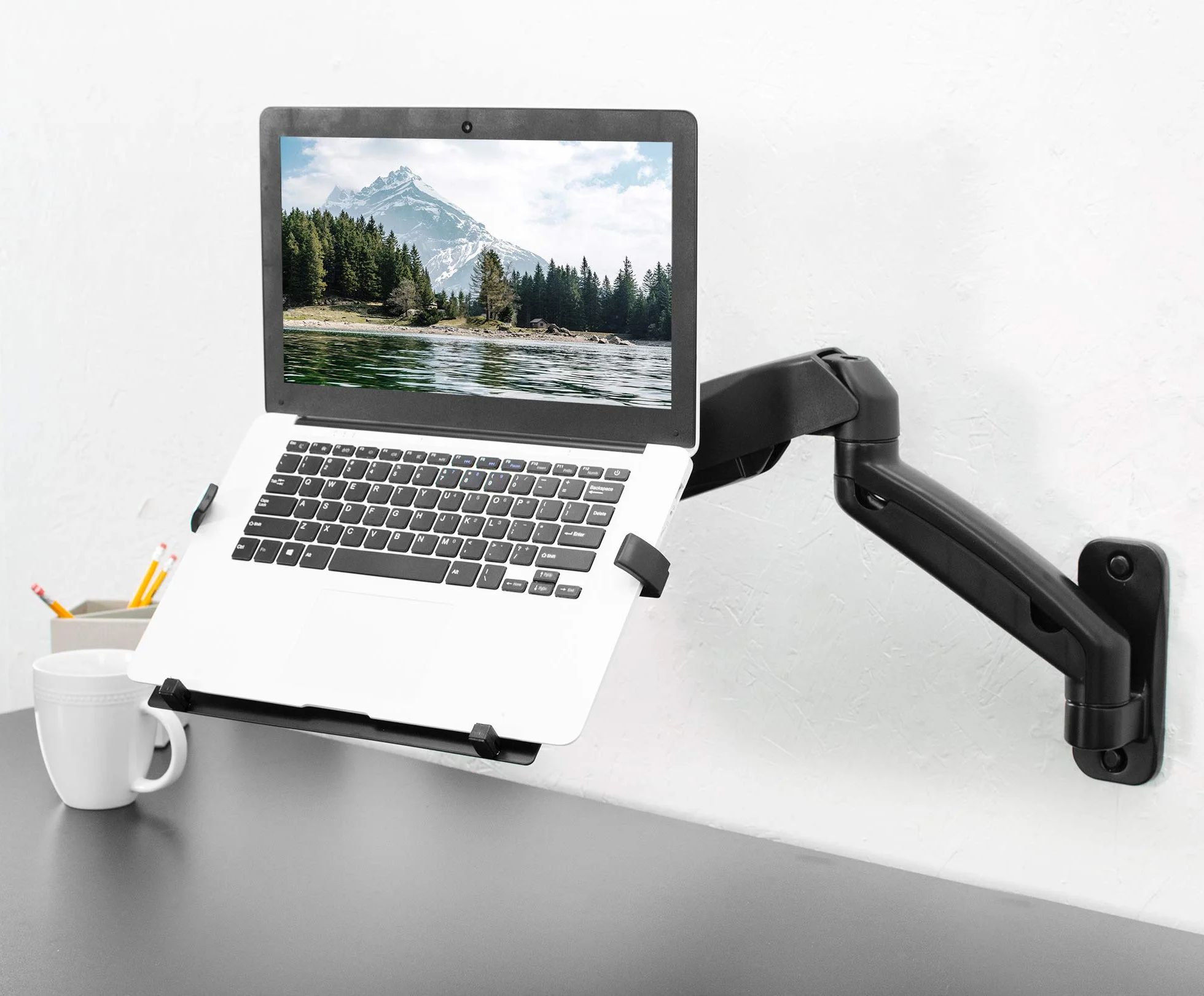 VIVO Supporto da parete per computer portatile, braccio esteso pneumatico regolabile in altezza, vassoio per notebook articolato a movimento completo, adatto a schermi da 10 a 15,6", nero,