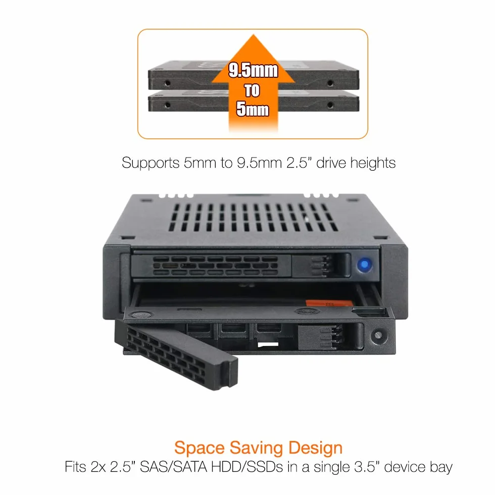 ICY DOCK Rack rimovibile Cage, Hot Swap Rack Case per 2 x 2,5" SAS/SATA HDD/SSD in 3,5" Bay (installazione su disco senza utensili) - ExpressCage MB742SP-B