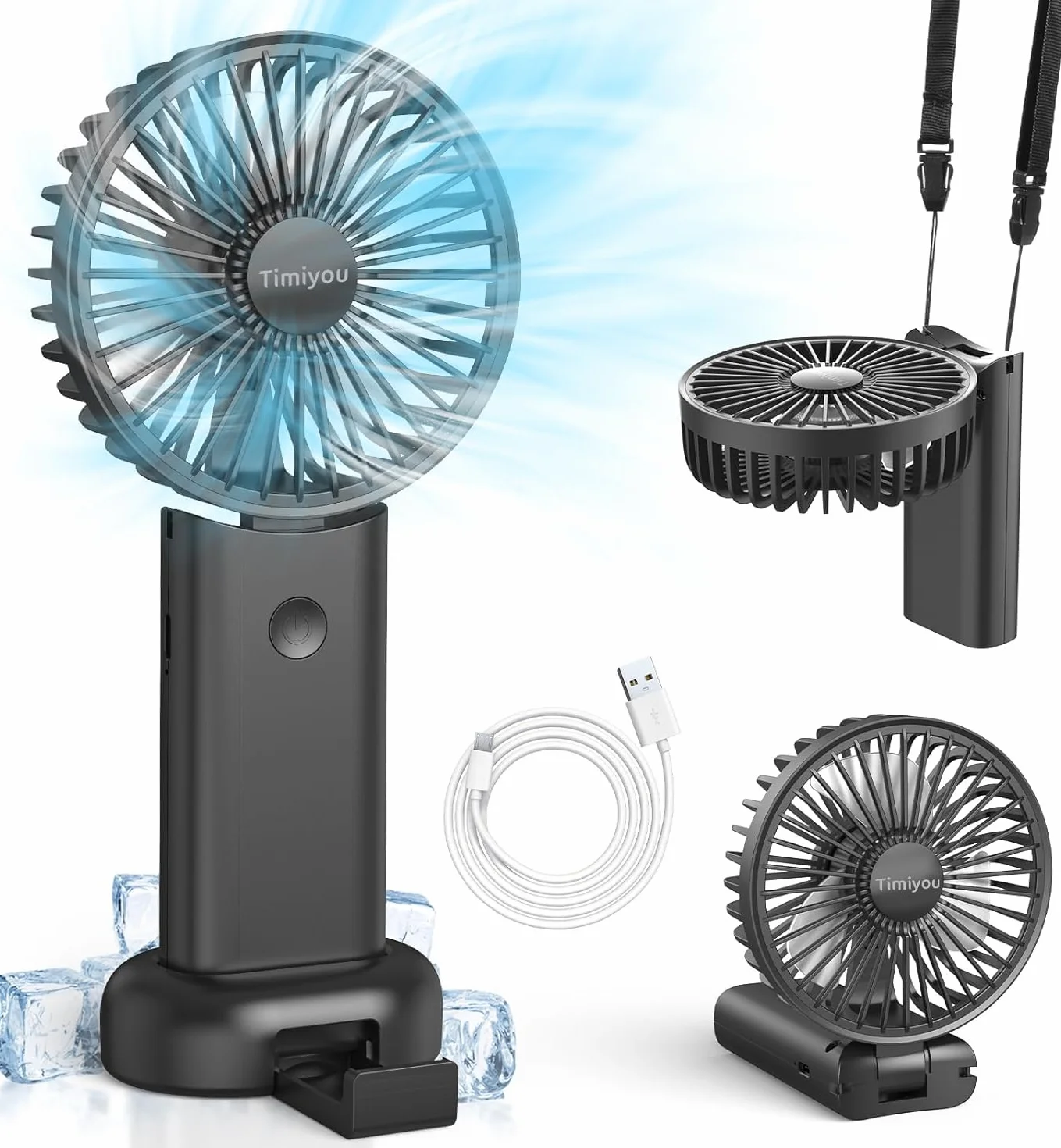 Timiyou Ventilatore a mano, mini ventilatore da viaggio, piccolo con cordino e base, ventilatore a mano, batteria ricaricabile, ventilatore USB per esterni, campeggio, ufficio, casa, viaggi, TM76653