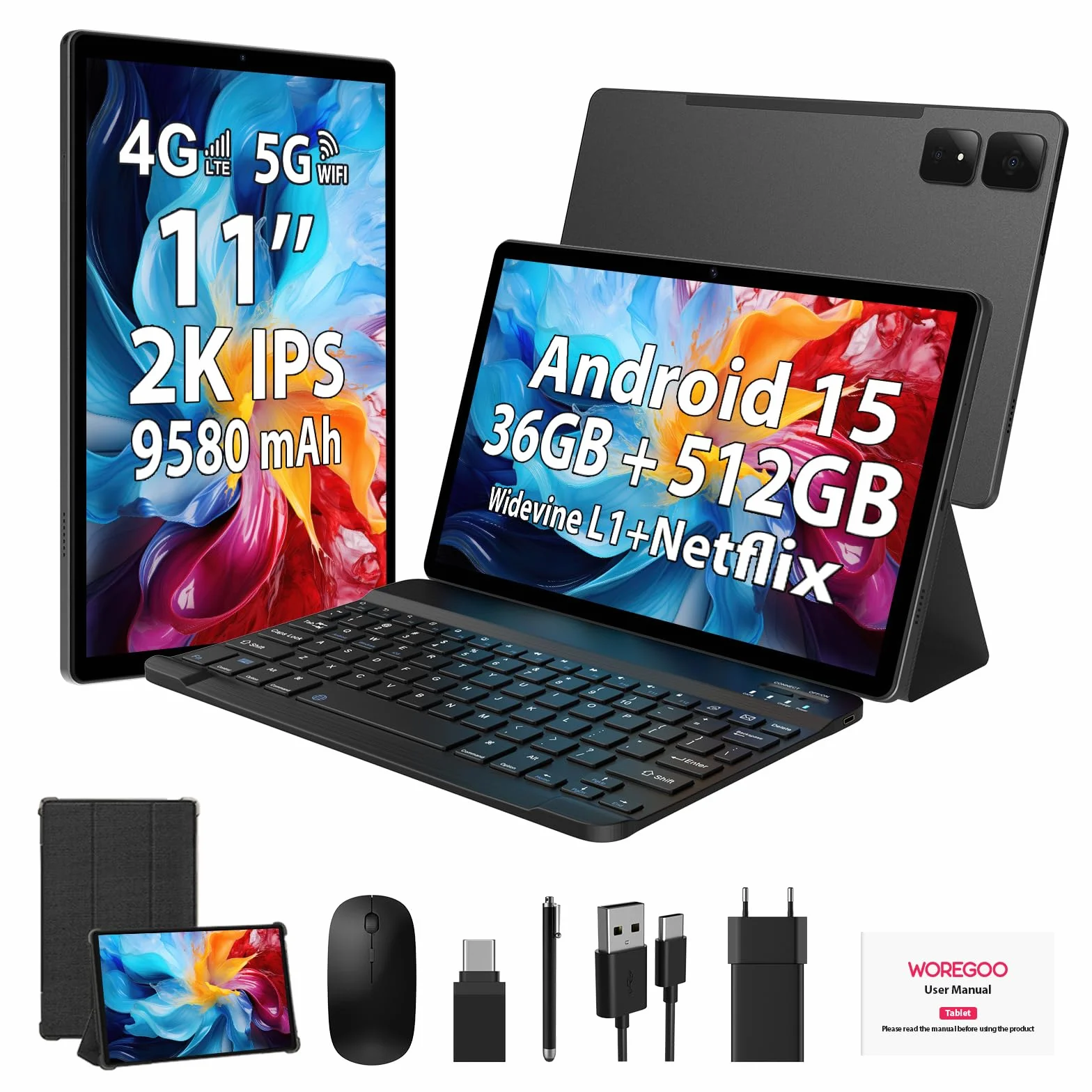 Tablet Android 15 11 Cali 4G LTE 5G WiFi Octa-Core 36GB RAM 512GB ROM 2K Display 9580mAh