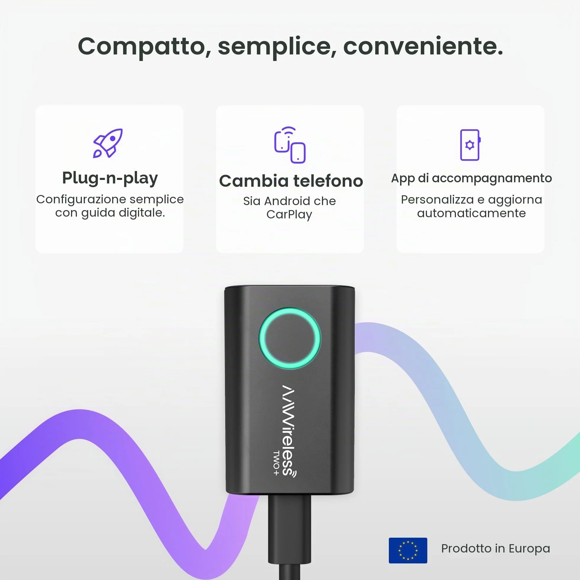 AAWireless Two+ Android Auto e Apple Carplay 2 in 1 - Connessione wireless tramite Bluetooth e WiFi - Adatto per iOS 10+ e Android 11+ - Pulsante multifunzione - Prodotto in Europa