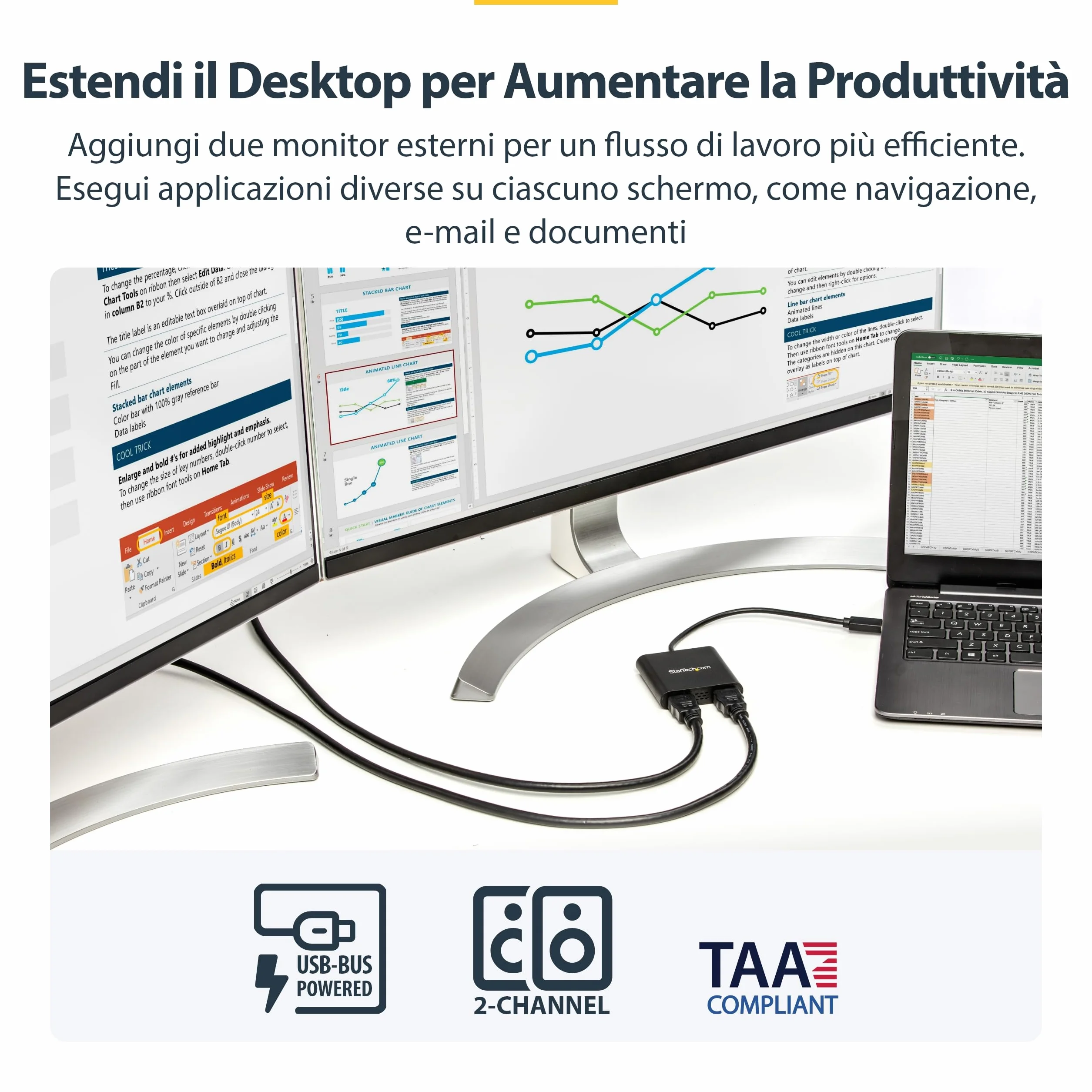 StarTech Adattatore USB-A 3.0 a Dual HDMI per Windows, Convertitore USB a 2x HDMI, 4K 30Hz + 1080p 60Hz, Estensione o Mirroring schermo doppio