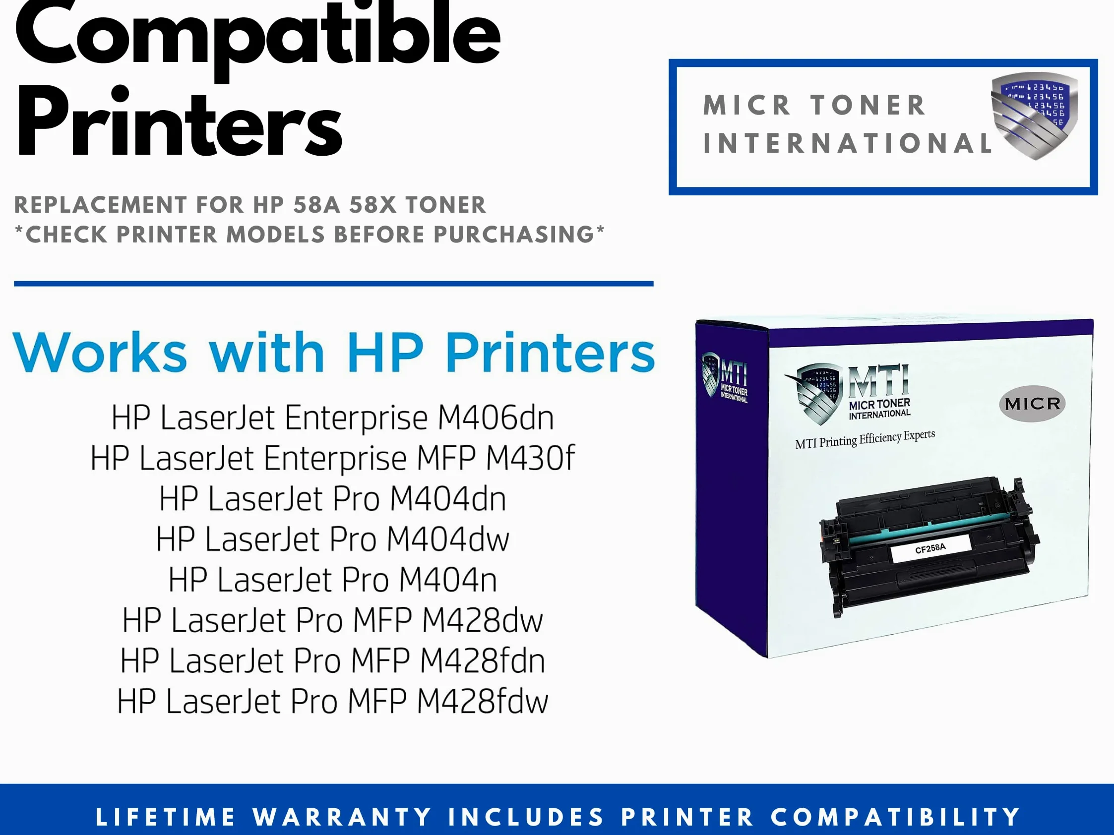MICR Toner International USA rigenerata MICR cartuccia toner di ricambio per stampanti laser HP CF258A 58A M404 M428 MFP (confezione da 2 con chip bypass)