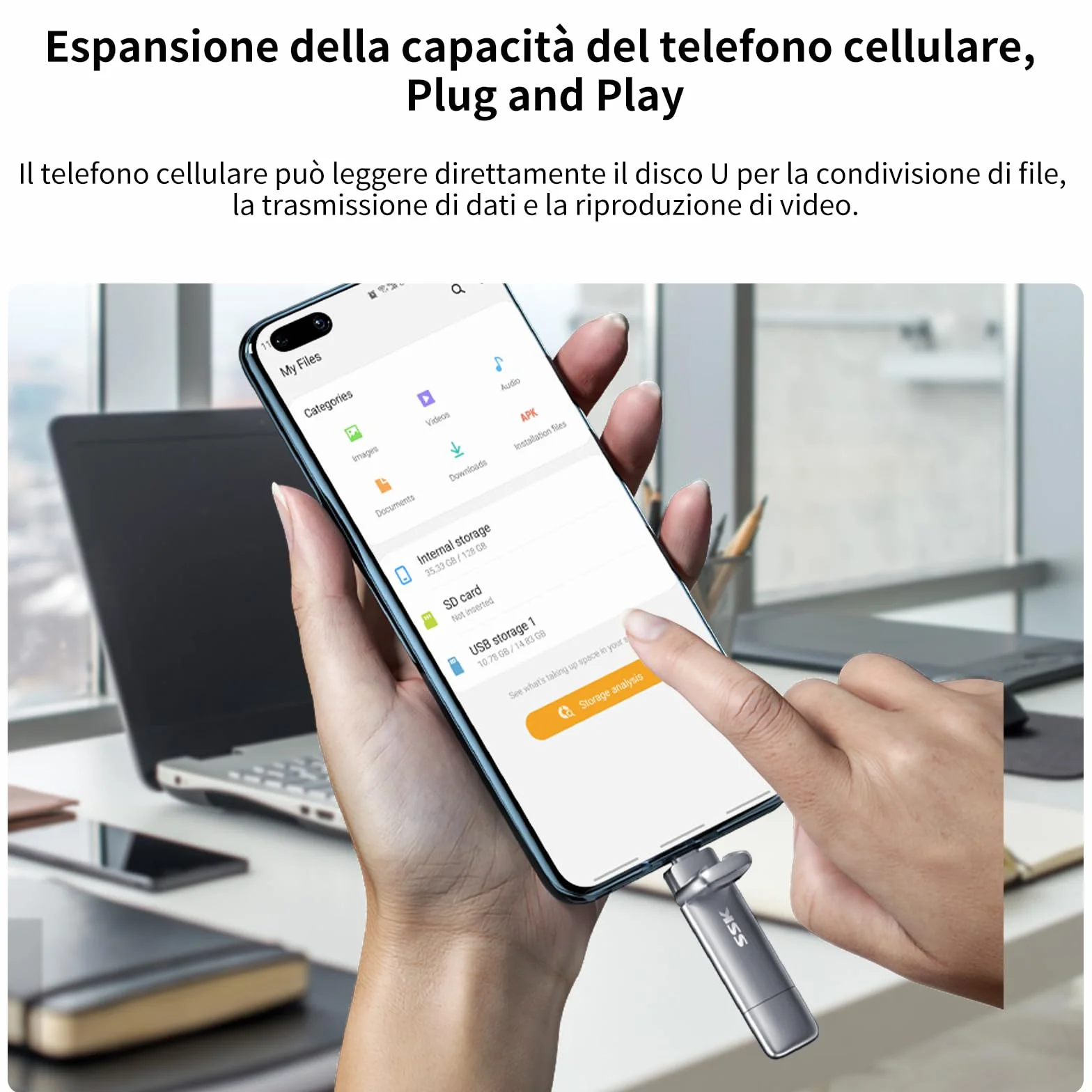 SSK SSD esterno portatile da 128GB Dual USB 3.2 Gen 2 Unità a stato solido fino a 550MB/s in lettura, adattatore USB A + tipo C 2 in 1 Disco rigido SSD da 128GB per laptop, tablet e altro