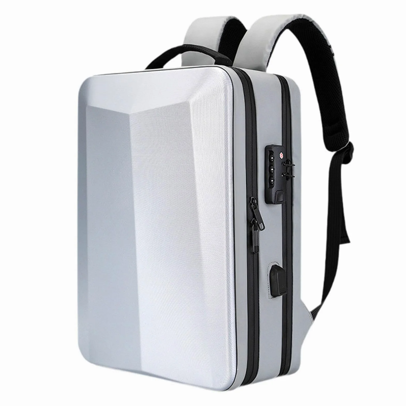 Zaino Laptop Rigido Zaino Gaming Computer Daypack Porta USB Bloccaggio Materiale PP Anticollisione Traspirante Adatto per Studenti Pendolari, Argento 17 Pollici