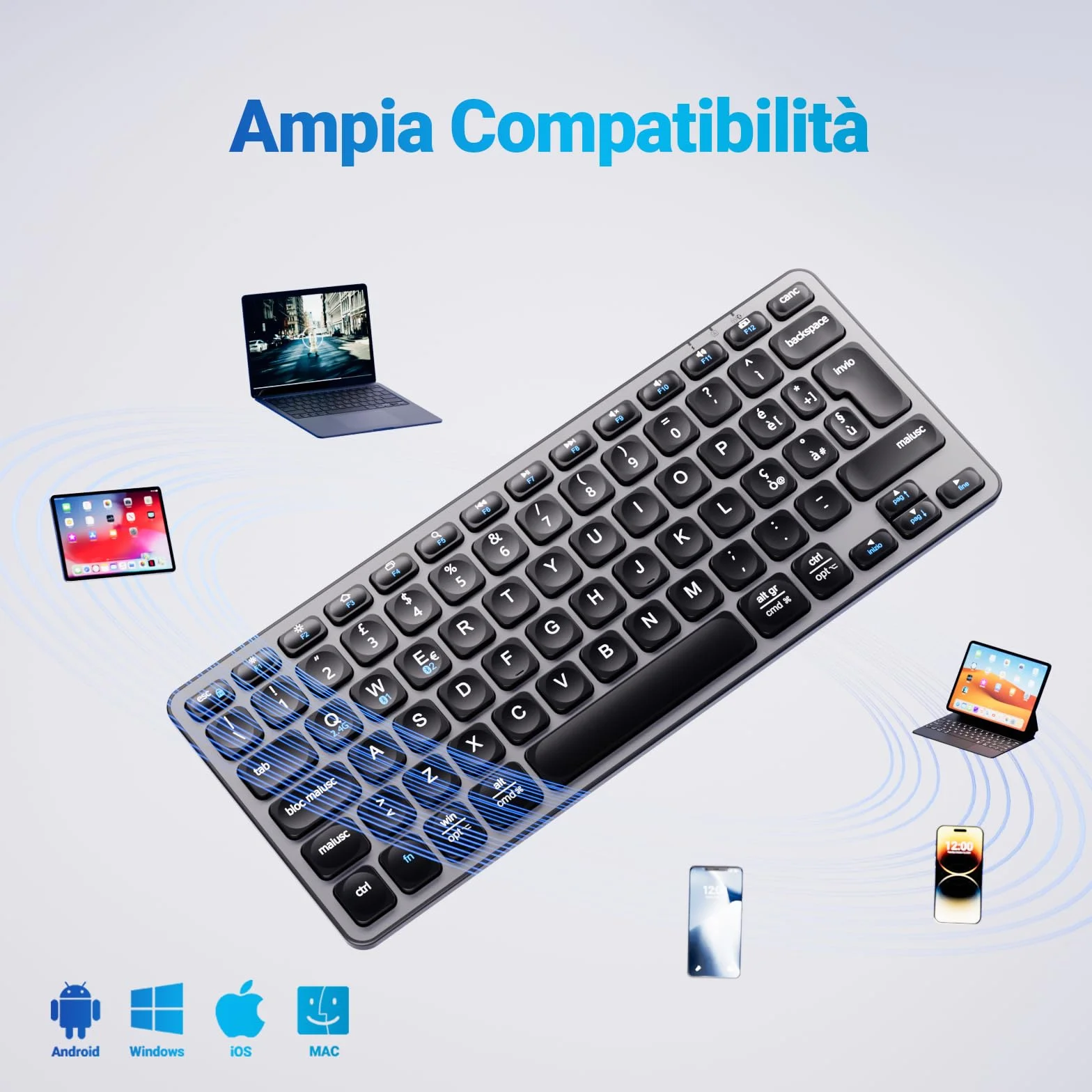 iClever Tastiera Bluetooth, Compatta Tastiera Mac Wireless(2.4GHz+Bluetooth), Layout Italiano QWERTY, Ricaricabile USB-C, Ultra-sottile Compatibile con Mac,per MacBook Pro/Air/iMac,iPad,iPhone,Windows
