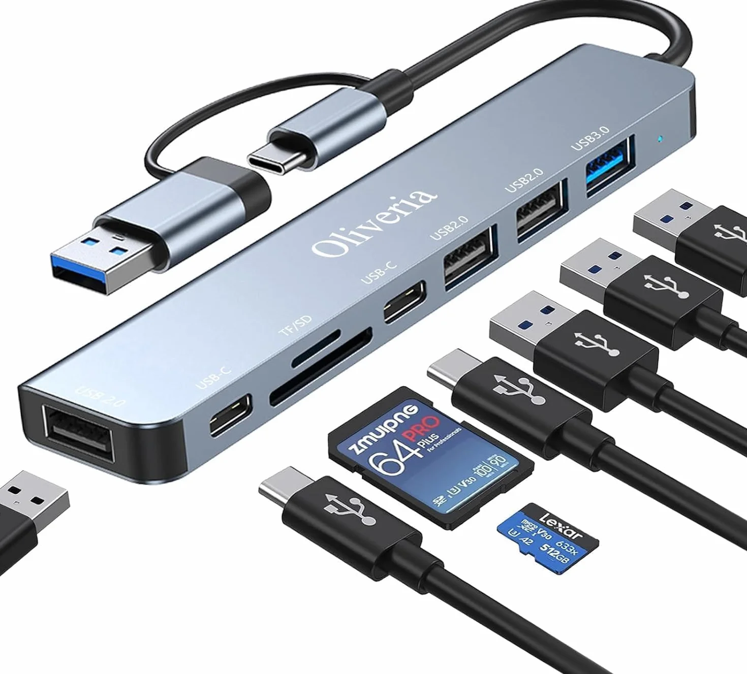 Oliveria Adattatore USB C Hub 8 in 2 Multiporta Con Lettore Di Schede SD&TF, Porte USB 3.0 e 2.0, Connettore Tipo C per MacBook Air/Pro, Galaxy, iPad, Windows