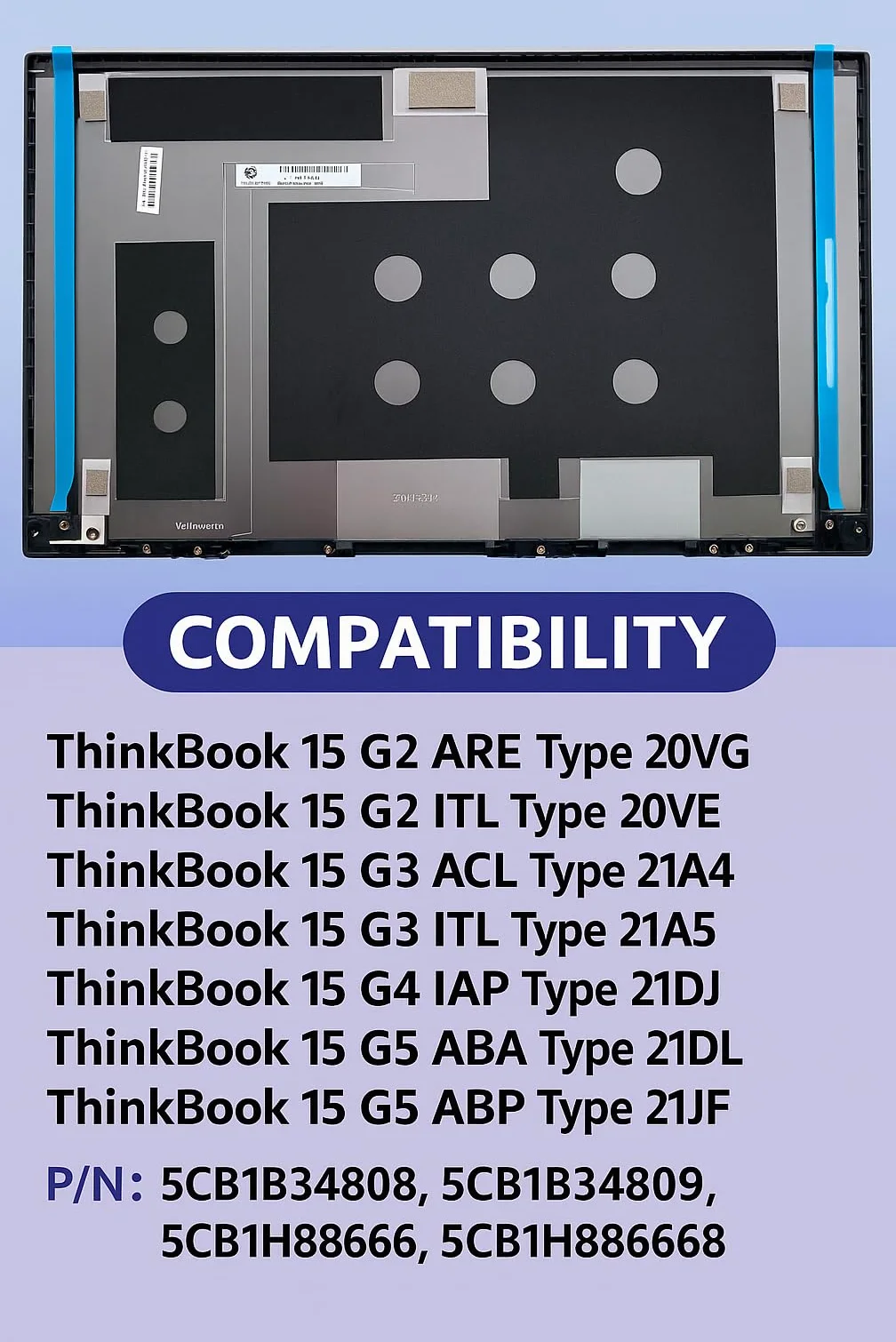 LCD Back Cover for Le Novo ThinkBook 15 G2 Are, 15 G2 ITL, 15 G3 ACL, 15 G3 ITL, 15 G4 IAP, 15 G4 ABA, 15 G5 IRL, 15 G5 ABP, 5CB1B34808, 5CB1B34809, 5CB1H88666, 5CB1H88667, 5CB1H88668
