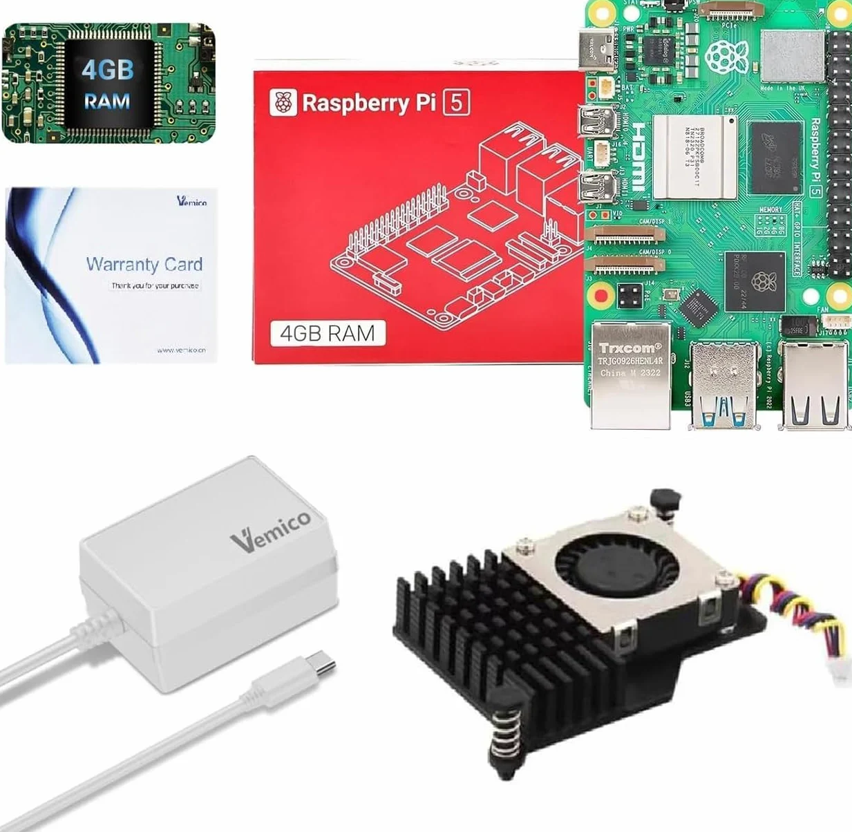Vemico Raspberry Pi 5 Kit 4GB RAM con Active Cooler, Pi 5 27W 5.1V5A PD Type-C Alimentatore, Raspberry Pi 5 4GB Scheda Singola e Scheda di Garanzia Incluso