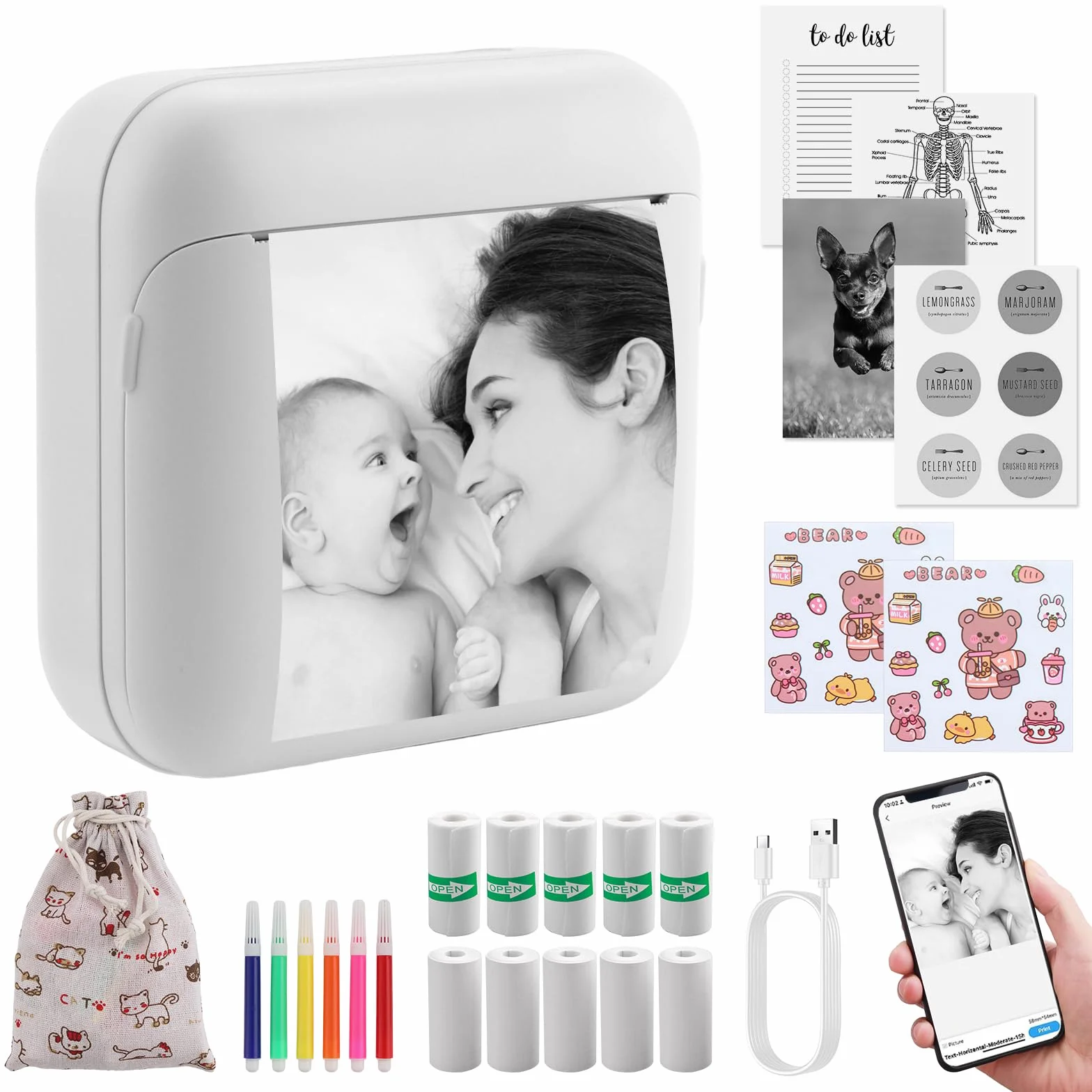 eSynic Mini Stampante Termica Portatile Bluetooth Ricaricabile Bianco con 10 Rotoli Carta e 6 Pennarelli