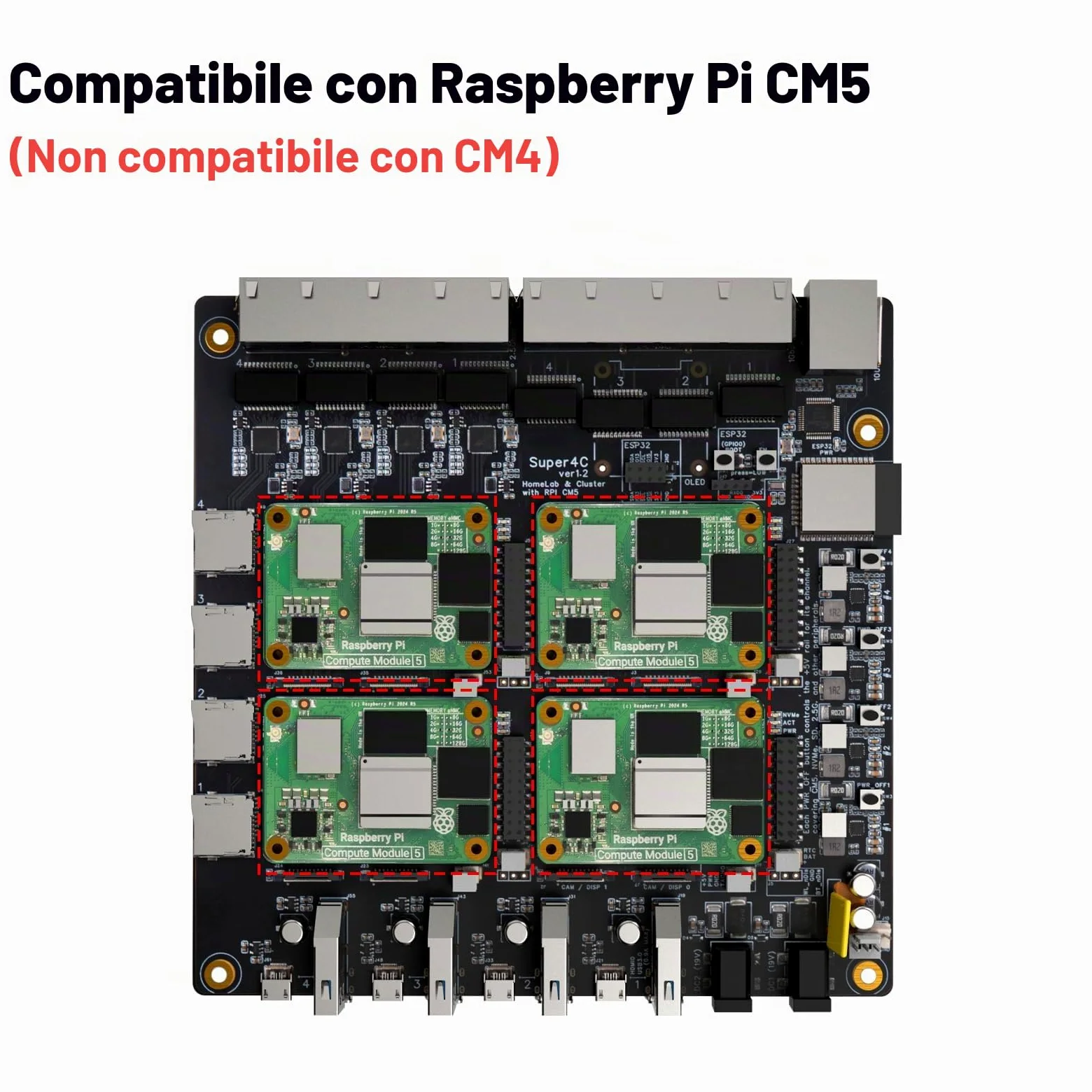 DeskPi Super4C per Raspberry Pi Compute Module 5, Cluster Mini-ITX Board Supporta 4 CM5, 2,5 GbE + rete 1 GbE, M.2 NVMe, montaggio a rack 1U, alimentatore da 89 W incluso