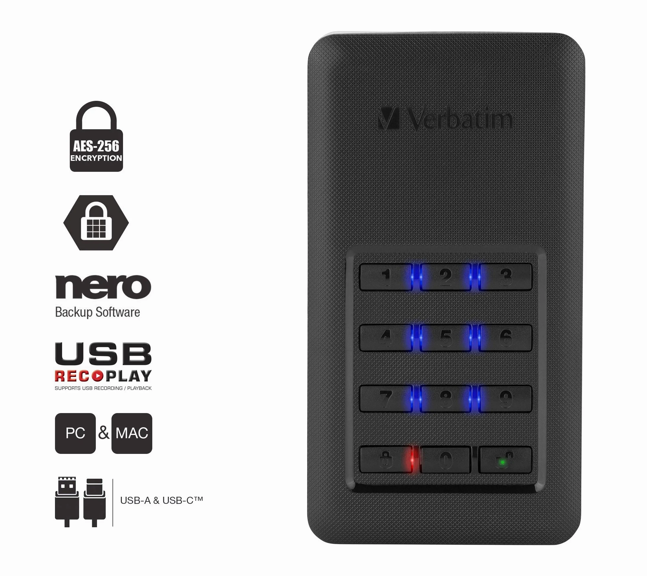 Verbatim SSD Store 'n' Go Secure - 256 GB - Nero - SSD esterno con password di protezione - USB 3.0 - SSD esterno - per Windows e Mac OS X - unità portatile - USB-C - unità flash esterna