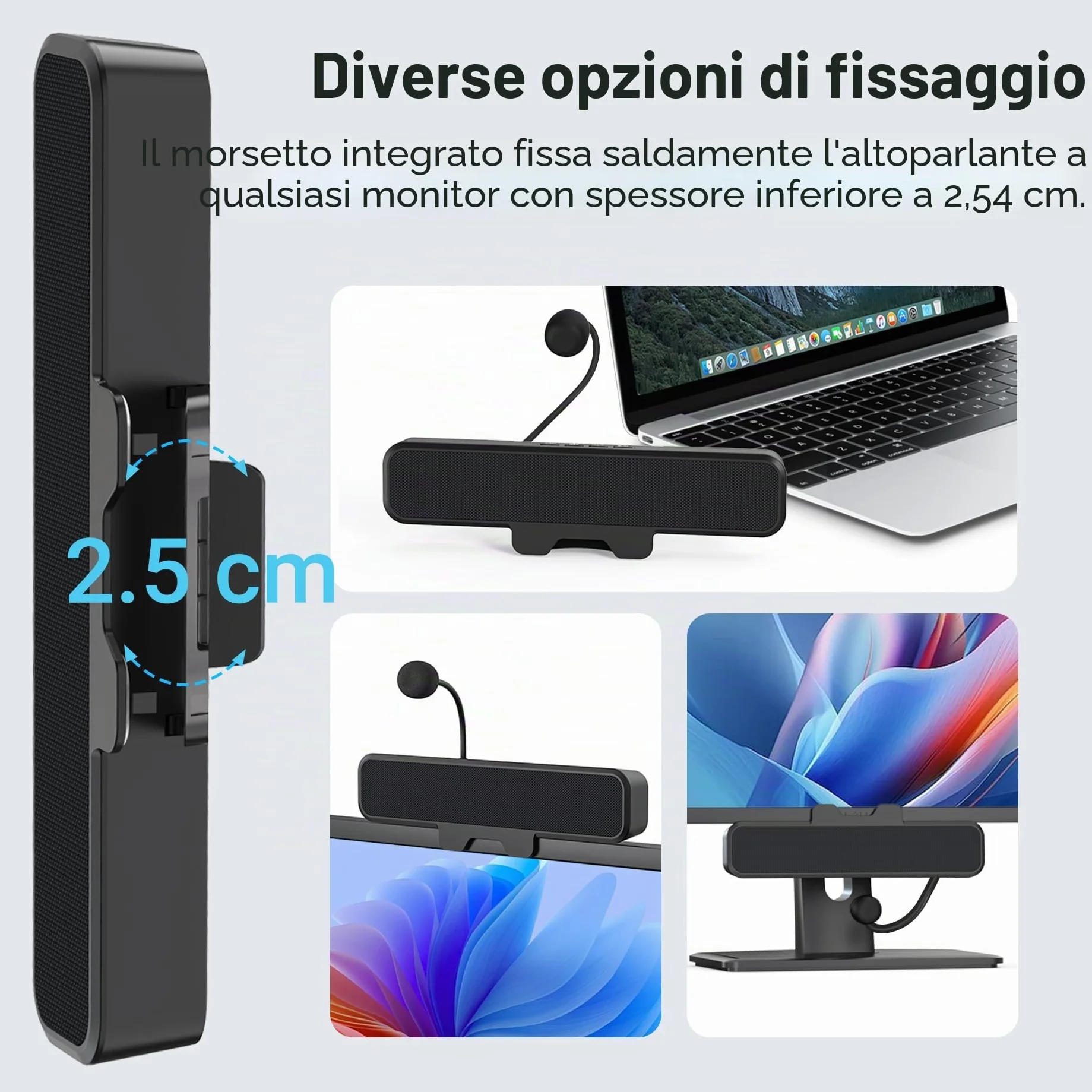 Inwa Altoparlante per PC, altoparlante USB con microfono, stereo e basso, spegnimento muto a un pulsante, clip plug and play per monitor PC, desktop, laptop e Mac (nero)