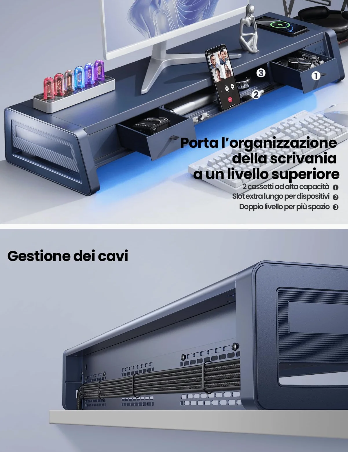 VAYDEER All-in-One Dual Monitor Stand Riser con 2 cassetti, 8USB Ports e Wireless Charging Pad con LED Light Strip per 2 monitor, Desk Organizer per PC, iMac (metallo, 39,3 pollici)