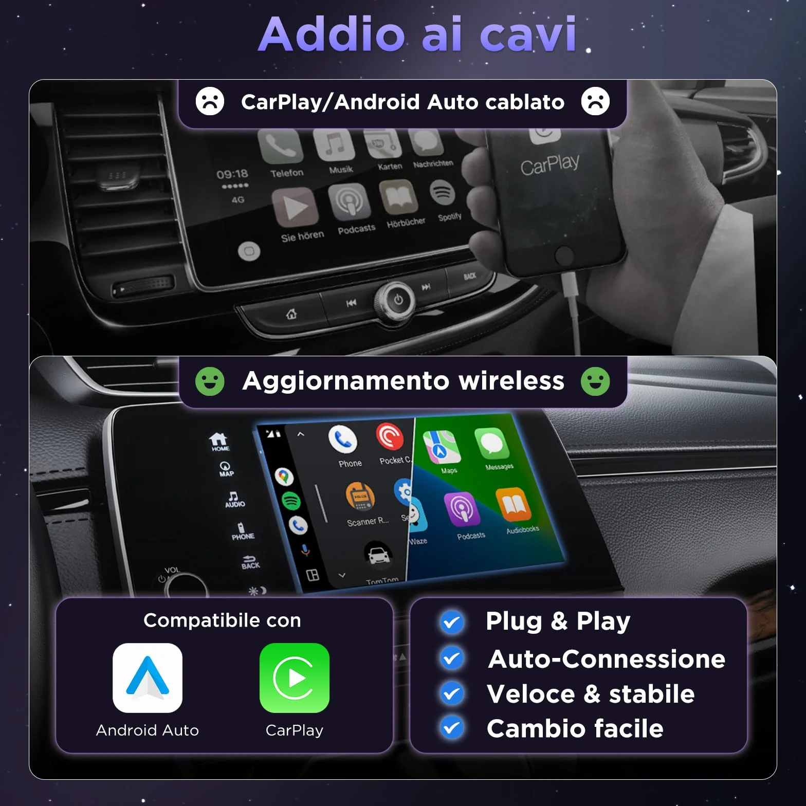 MSXTTLY Adattatore Android Auto Wireless, Carplay Wireless per iPhone 17-12 & Android 11+, Bluetooth 5.3, Dual Core WLAN 5.8GHz, Veloce e Stabile