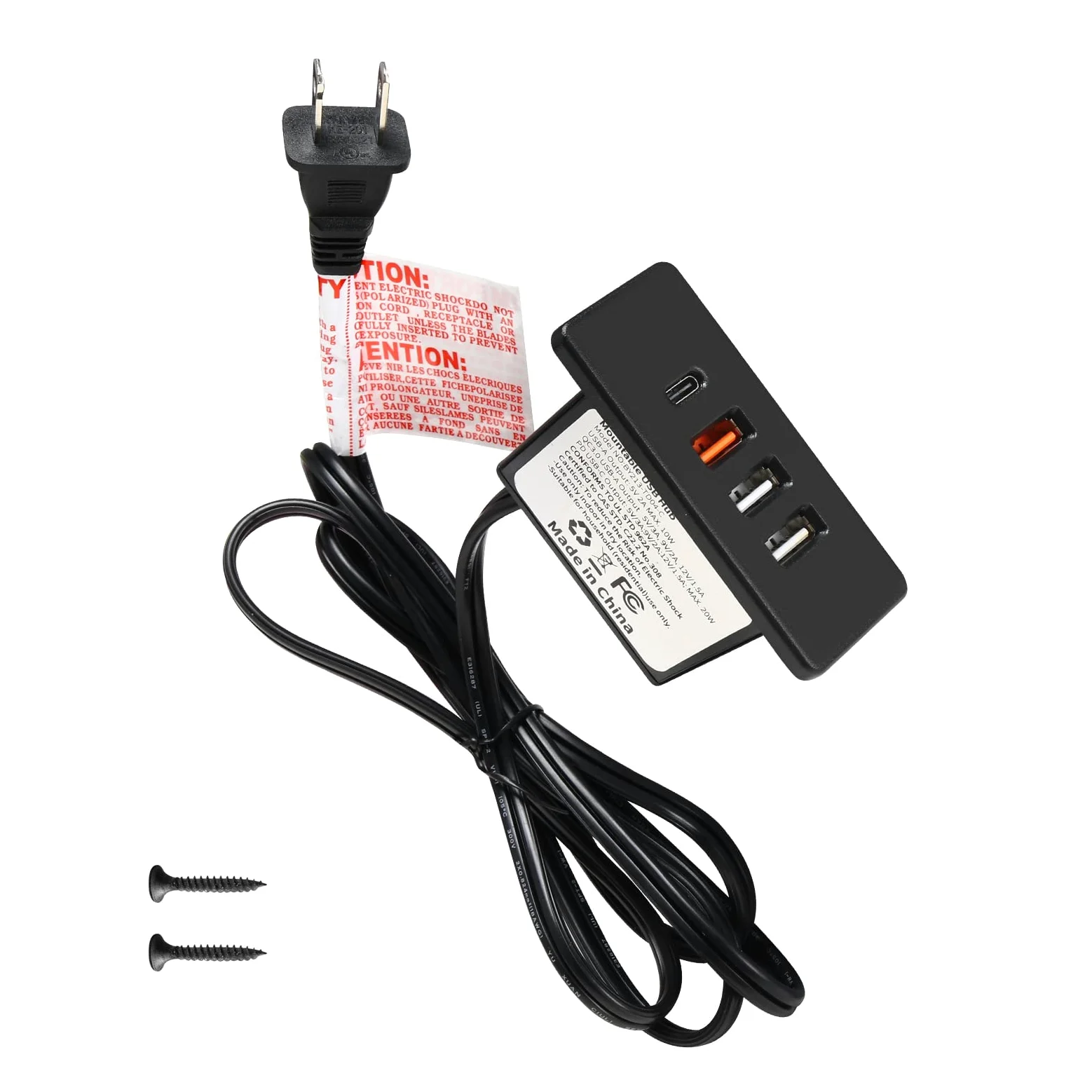 Alimentazione USB C Hub Presa da incasso USB C Ciabatta con Ricarica Rapida 4 porte USB 20 W Montata a letto Scrivania Divano (Nero)