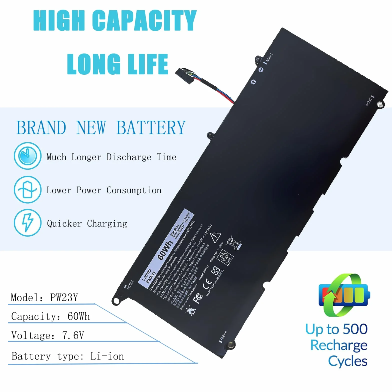 PW23Y Batteria di ricambio per computer portatile Dell XPS 13 9360 P54G002 13-9360-D1605G 13-9360-D1605T 13-9360-D1609G 13-9360-D1705G Series sostituzione TP1GT RNP72 0 RNP72 0TP1GT 7,6 V 60