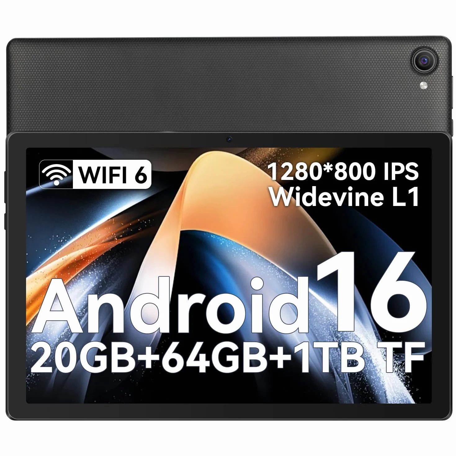 Whitedeer Tablet 10 pollici Android 16 20GB+64GB+1TB 1280*800 IPS WiFi 6 BT5.3 6000mAh Widevine L1 Nero