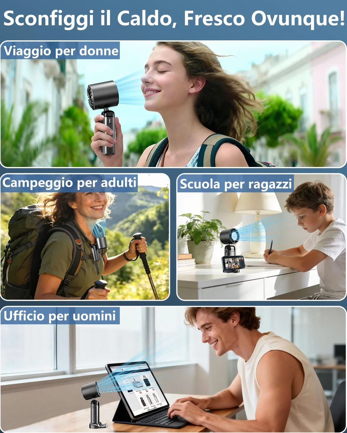 Ventilatore Portatile Turbo USB Ricaricabile, Pieghevole con Supporto Phone e Display LED. Batteria 3500mAh, Autonomia 10 Ore, Ventilazione Continua 1-199, Fresco Personalizzato per Viaggio e Ufficio