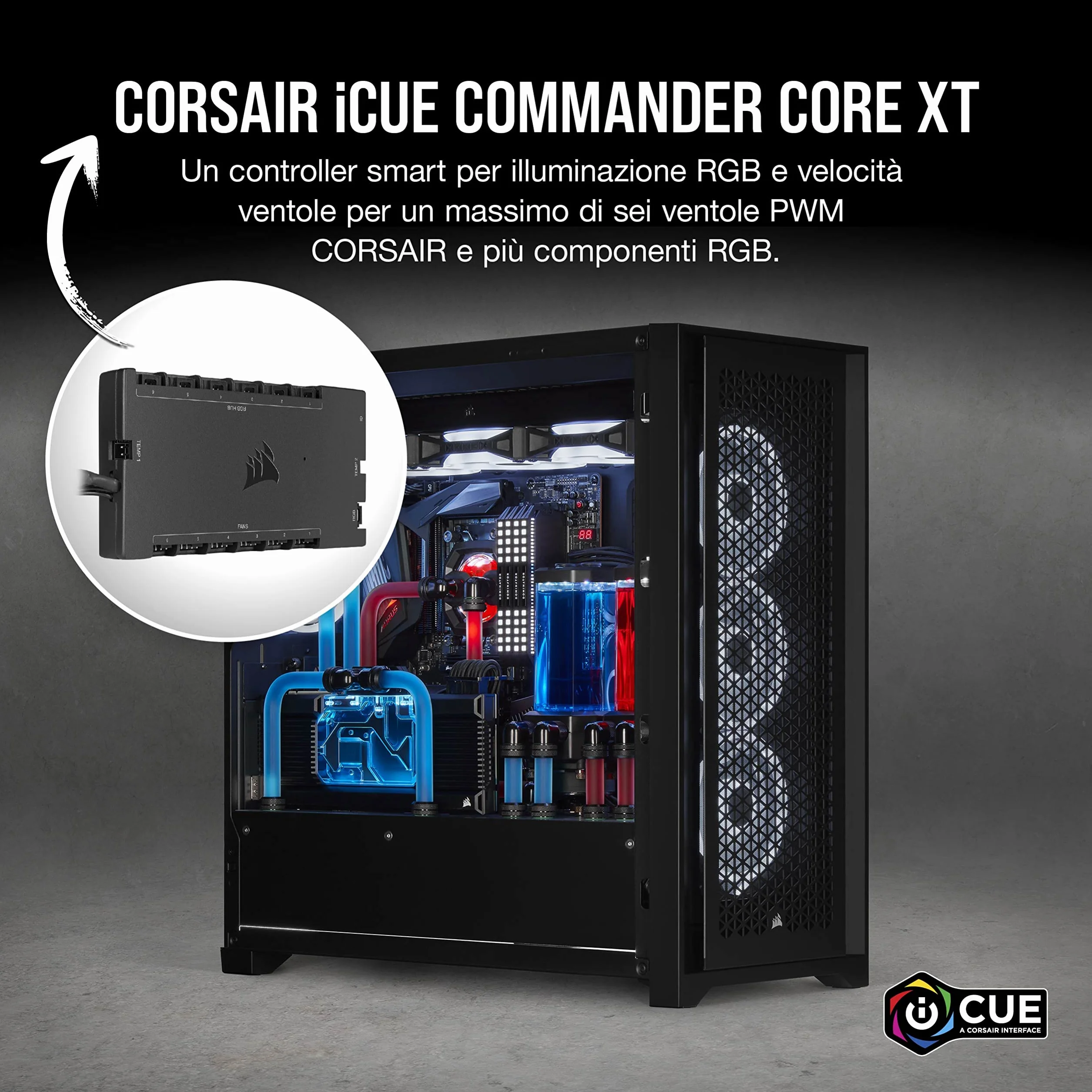 Corsair iCUE COMMANDER CORE XT, Controller digitale per la velocità delle ventole e l'illuminazione RGB (Fino a sei PWM ventole e 264 LED RGB, modalità Zero RPM, monitoraggio temperatura) Nero