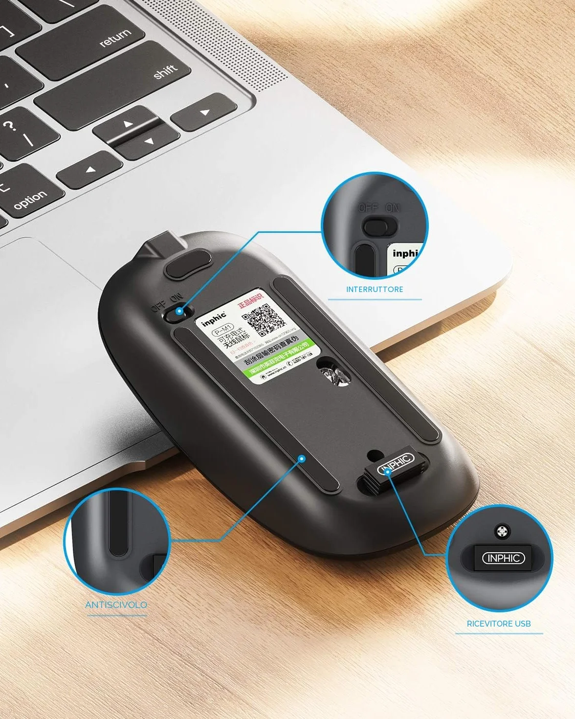 INPHIC Mouse wireless ricaricabile, ultra sottile 2.4G silenzioso mouse senza fili ottico 1600 DPI con ricevitore USB per laptop, MacBook, PC, Windows, ufficio, carica batteria visibile, nero