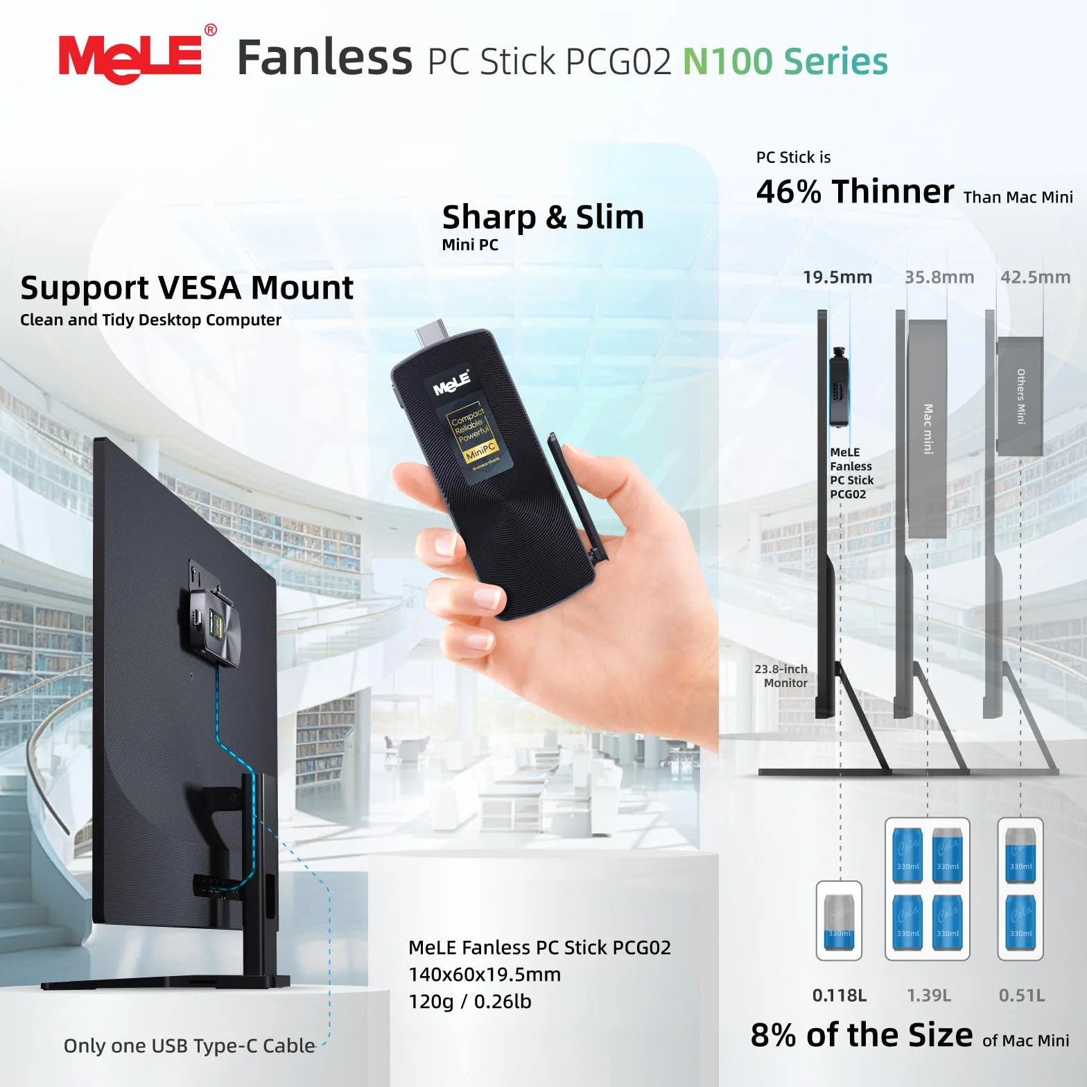 Mele PCG02 N100 Mini PC Stick USB-C senza ventola doppio display HDMI 4K WiFi 5 BT5.1 GbE 8GB 256GB