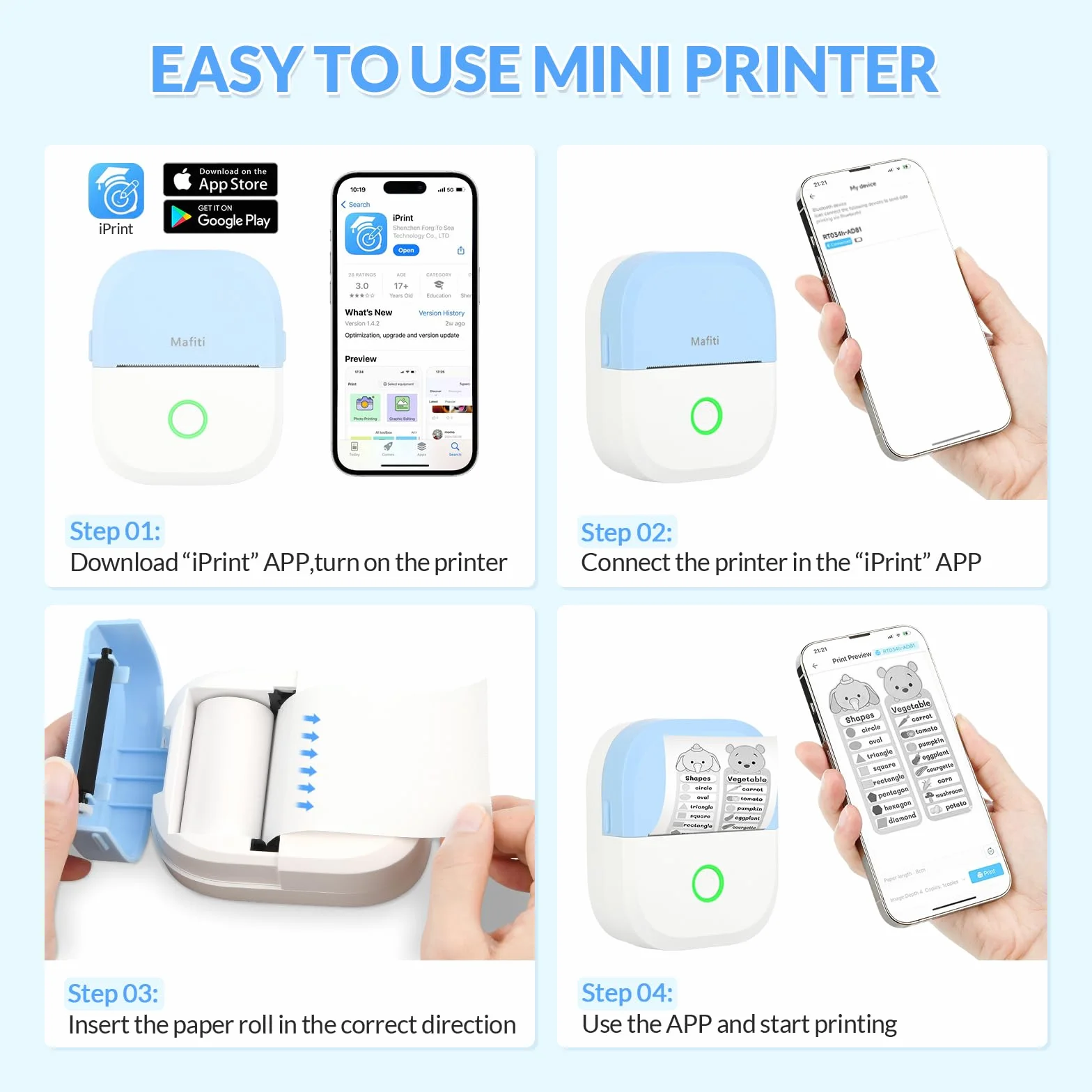 mafiti Mini stampante adesiva portatile termica senza inchiostro wireless Bluetooth stampante per telefono con disegno AI, per appunti di studio foto foto album diario etichetta adesiva