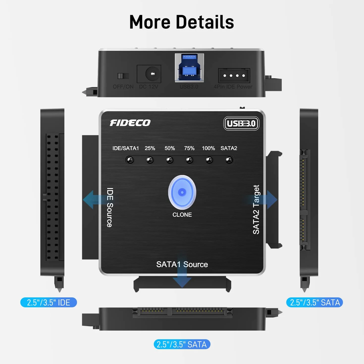 FIDECO Adattatore IDE/SATA USB 3.0, Convertitore per HDD/SSD 2,5" o 3,5" SATA/IDE, Supporto per Clonazione Offline