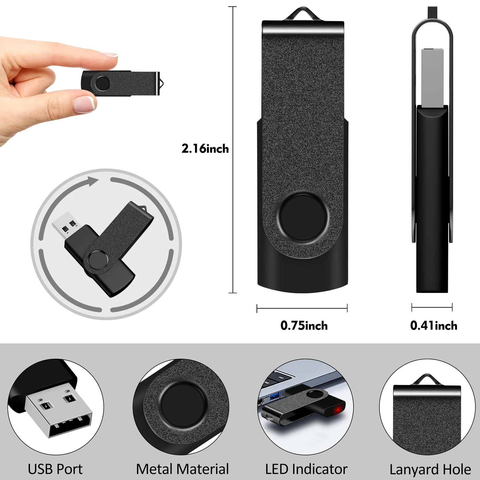 AreTop - Chiavetta USB da 64 GB, confezione da 10 unità USB 2.0 | Bulk - Chiavette USB girevoli per archiviazione dati, uso domestico e ufficio, confezione da 10, 64 GB, colore: nero