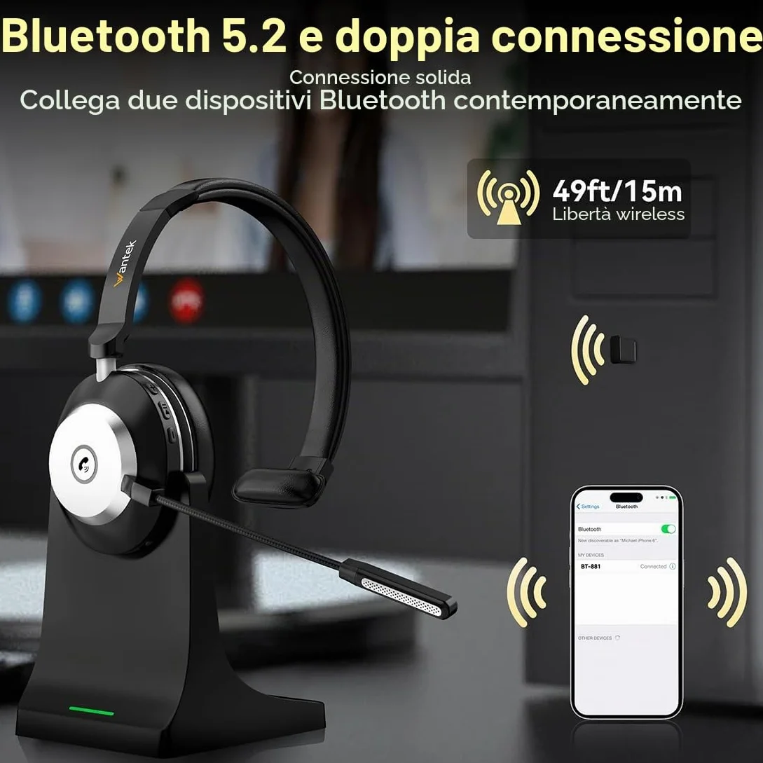 Wantek Cuffie Bluetooth V5.2 con microfono, cancellazione rumore, dongle USB, base ricarica, pulsante muto per PC e telefoni cellulari