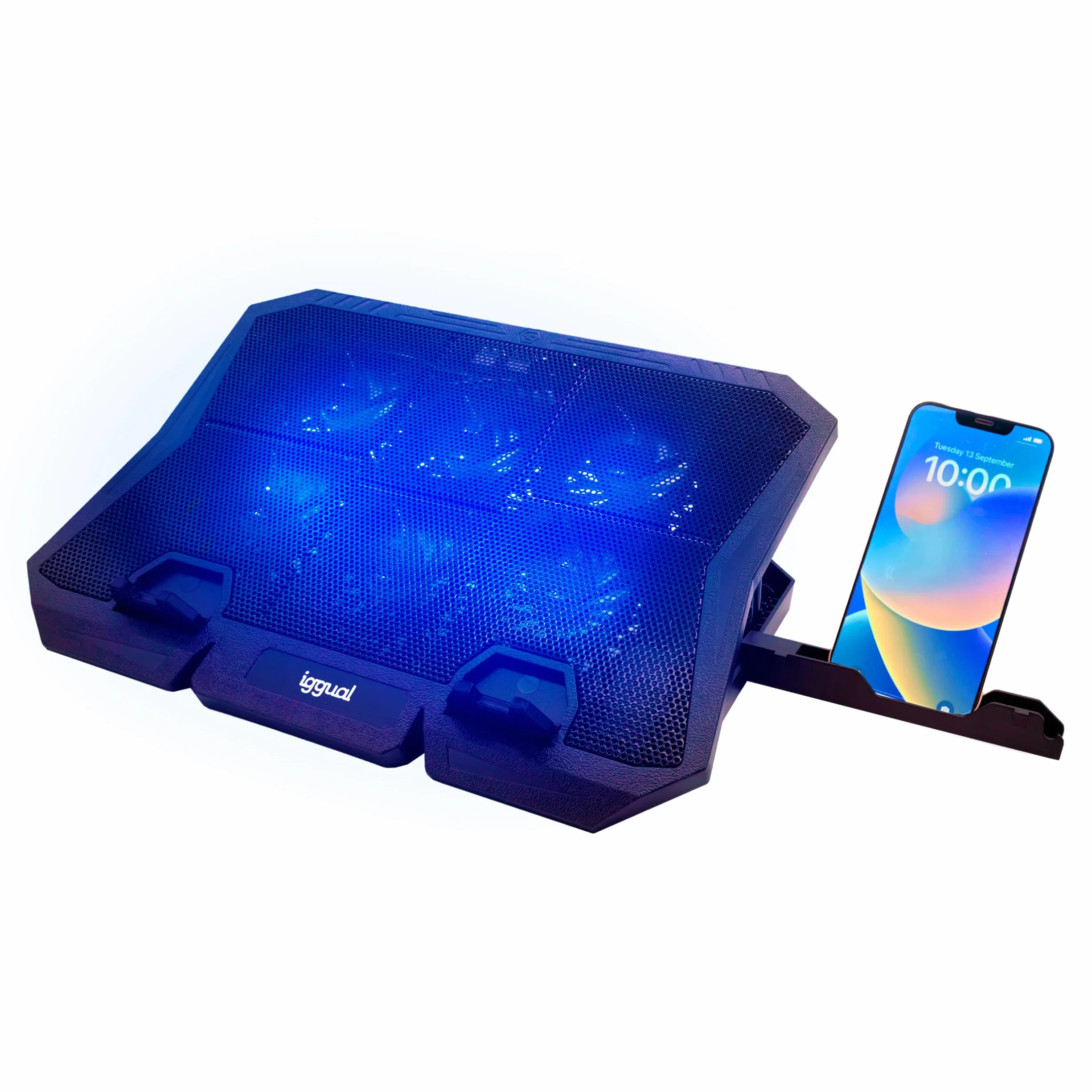 iggual – Base di Raffreddamento Portatile fino a 17” con 6 Ventole Silenziose e Supporto per Smartphone, Supporto Regolabile con 7 Angolazioni e Luce LED Blu, Include Cavo USB-A (RP6V17)