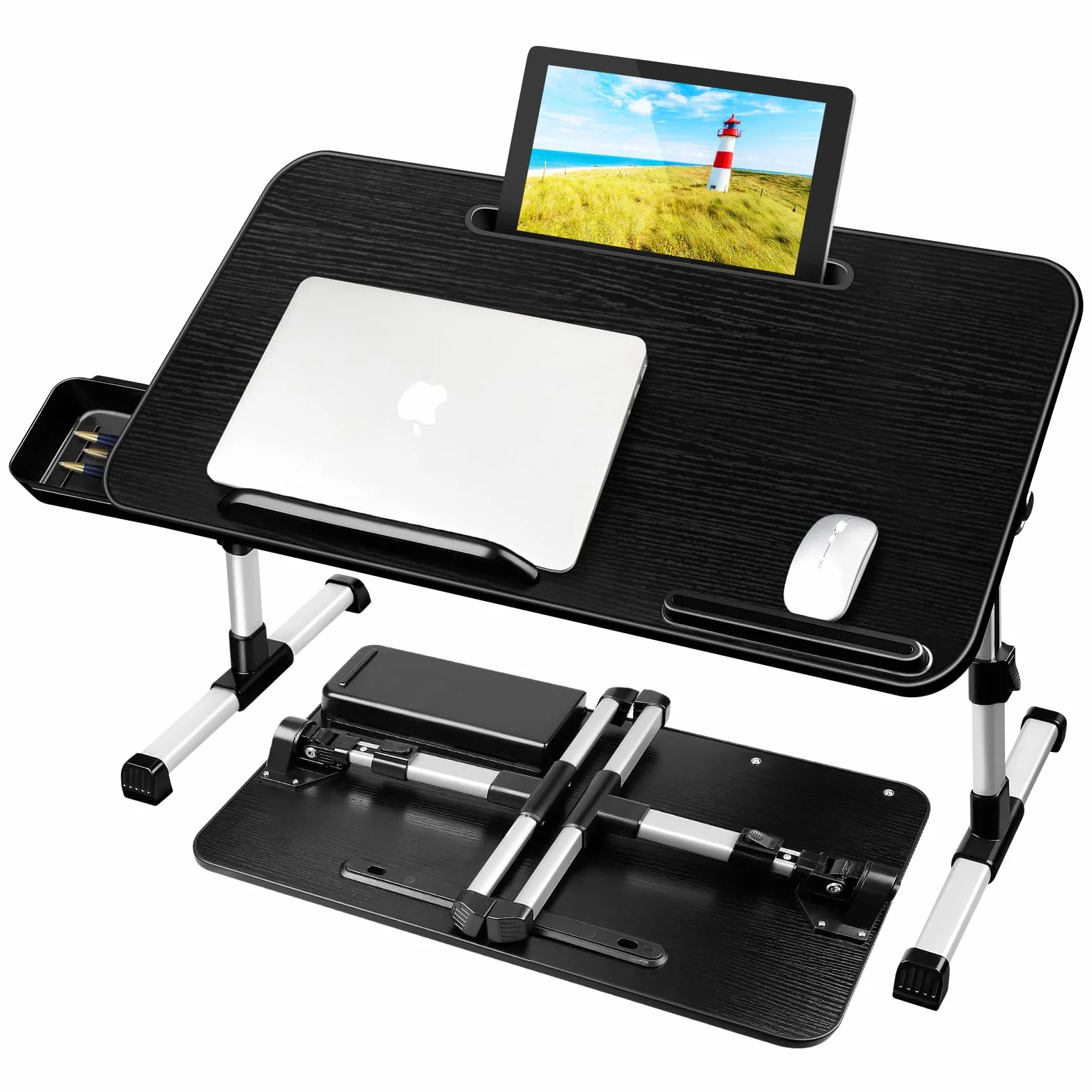 Tavolino da Letto, Regolabile in Altezza und Angolo, Tavolino Pieghevole con Cassettiera, Supporto per Tablet, Tavolini per Letto, Divano, Pavimento (60 x 34 cm, Nero)